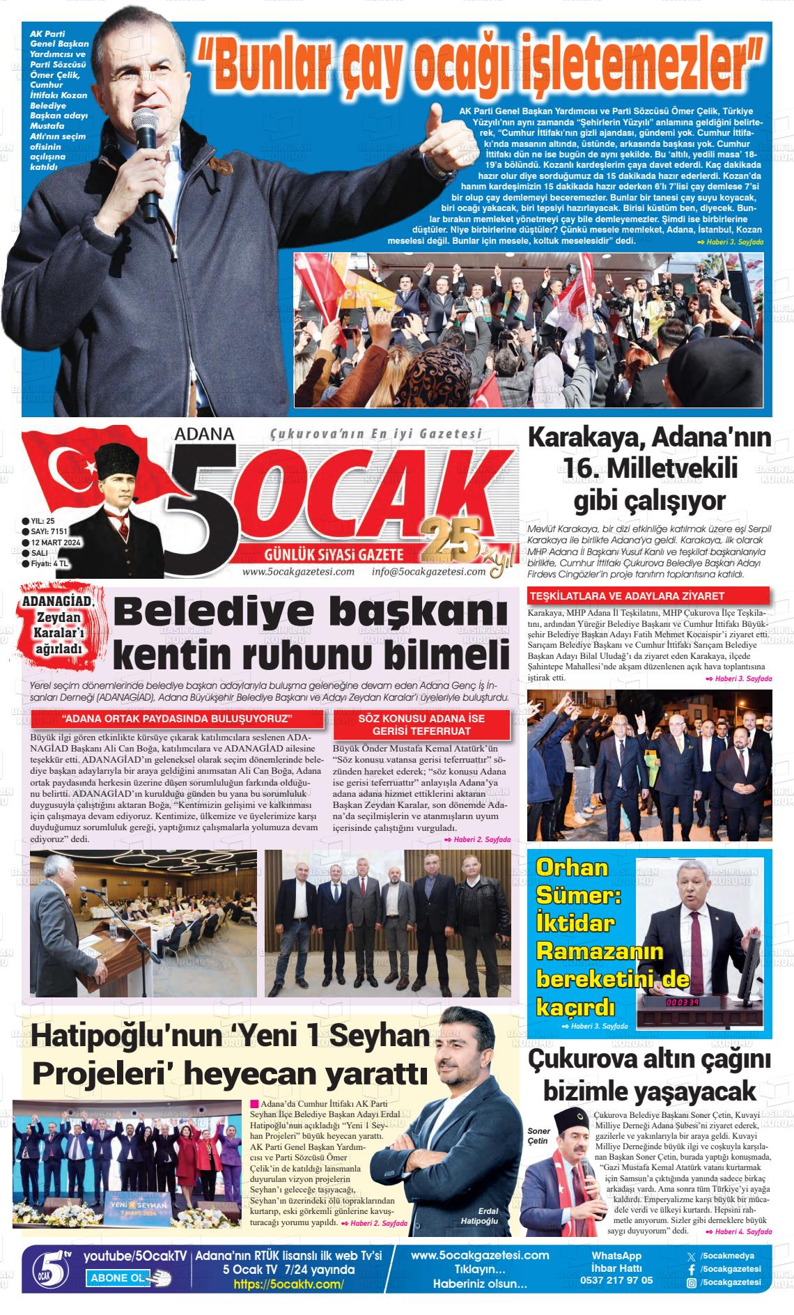 12 Mart 2024 Adana 5 Ocak Gazete Manşeti