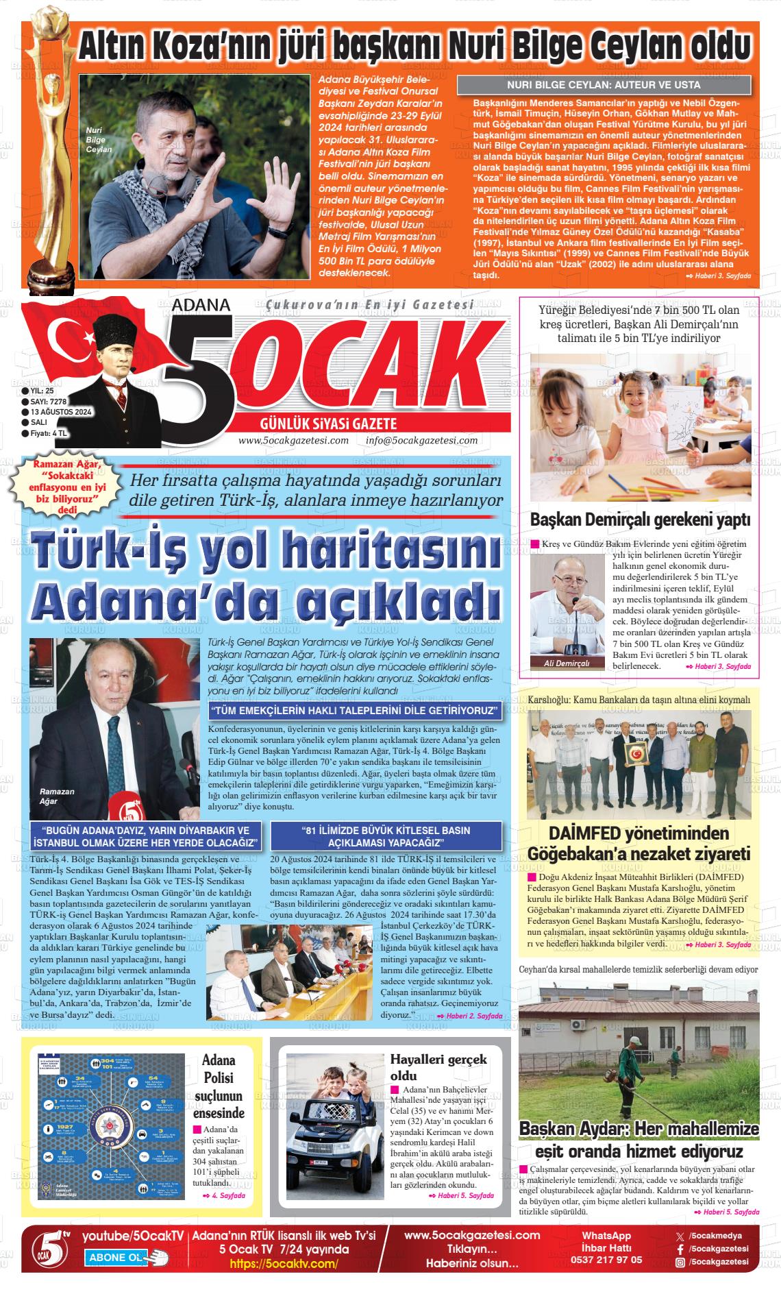 13 Ağustos 2024 Adana 5 Ocak Gazete Manşeti