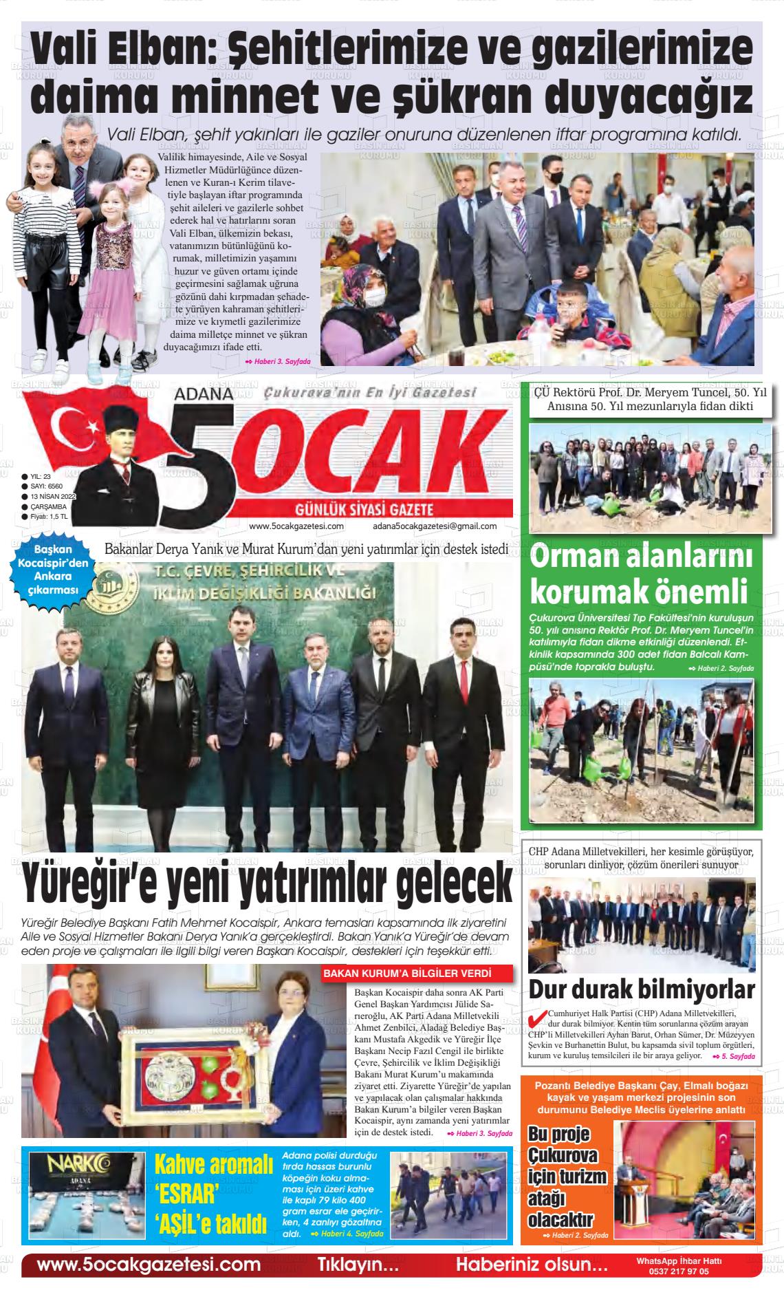 13 Nisan 2022 Adana 5 Ocak Gazete Manşeti