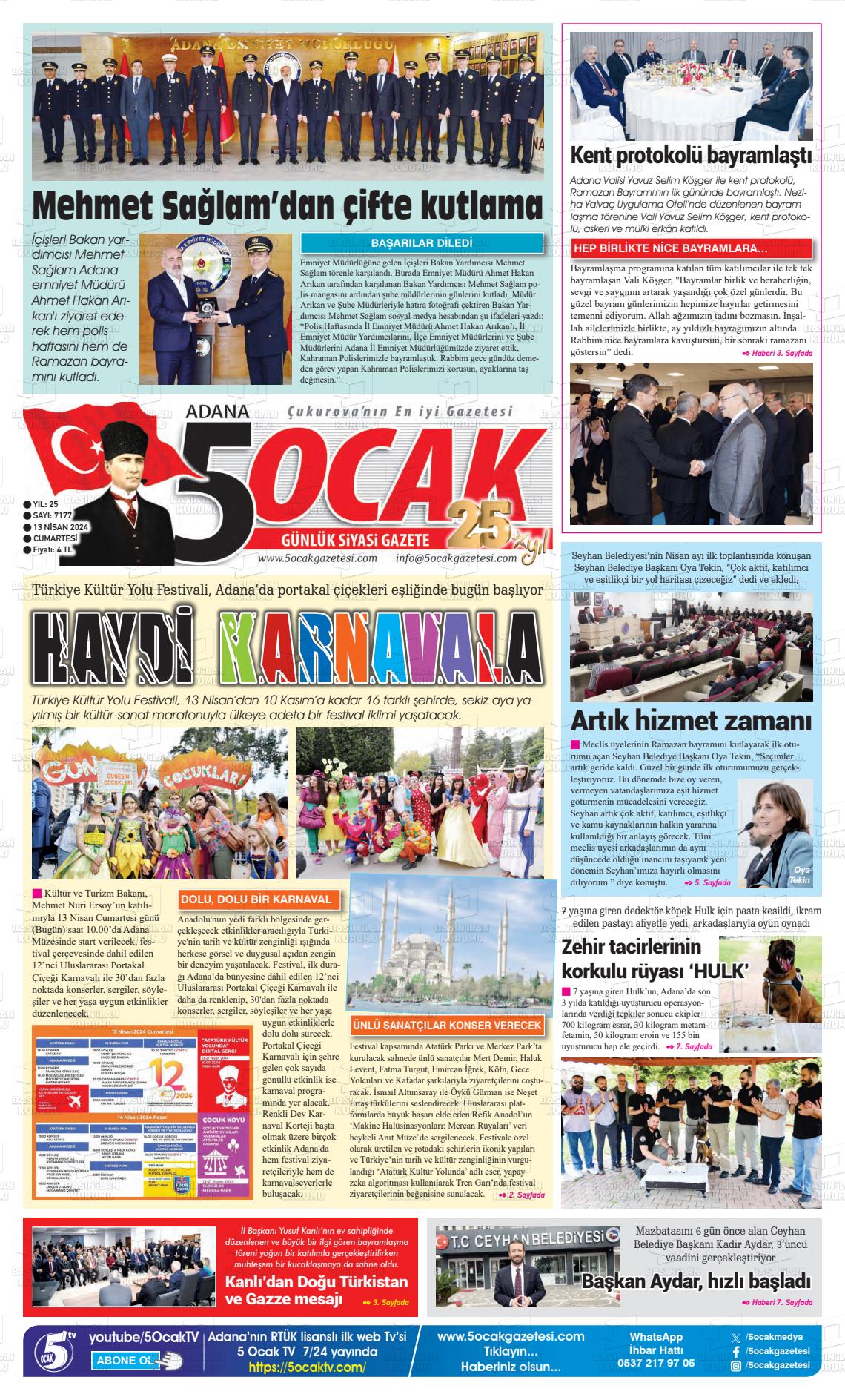 13 Nisan 2024 Adana 5 Ocak Gazete Manşeti