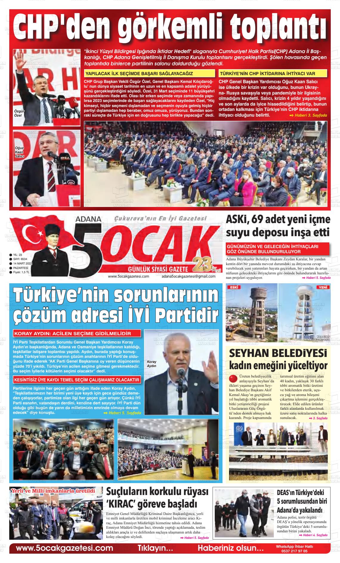 14 Mart 2022 Adana 5 Ocak Gazete Manşeti