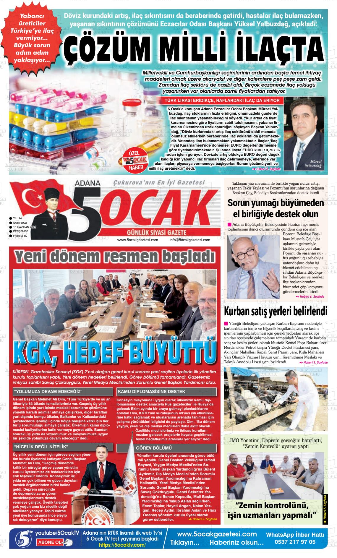 15 Haziran 2023 Adana 5 Ocak Gazete Manşeti