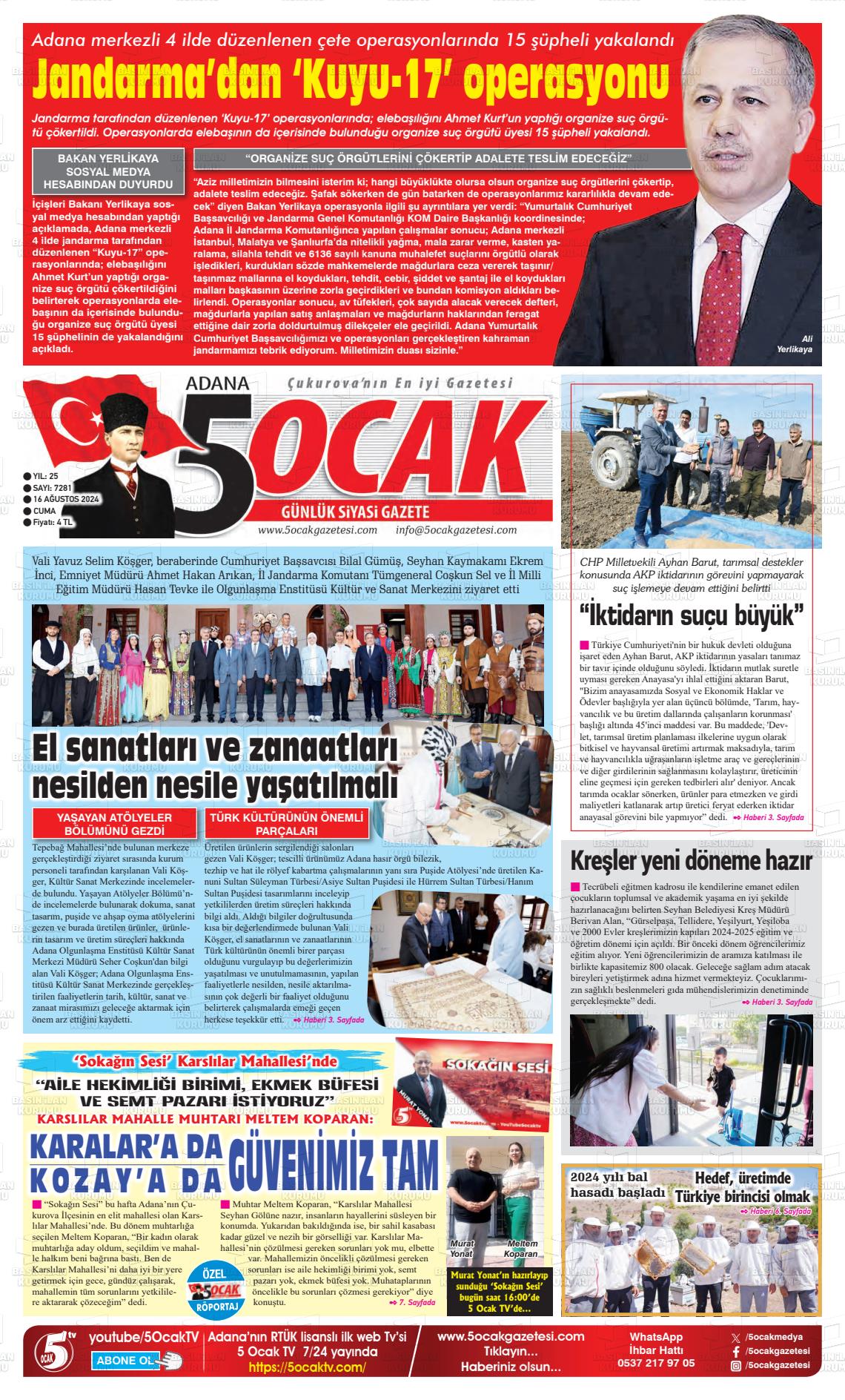 16 Ağustos 2024 Adana 5 Ocak Gazete Manşeti