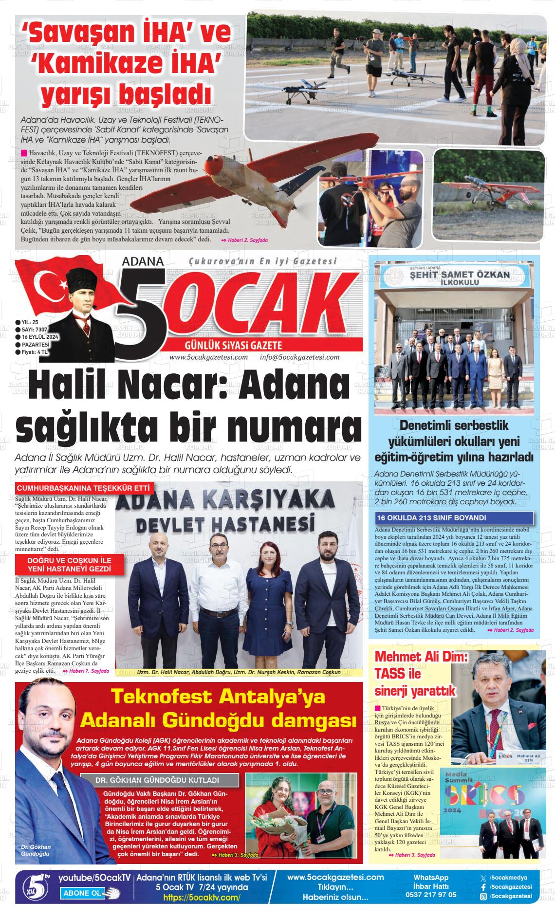 16 Eylül 2024 Adana 5 Ocak Gazete Manşeti