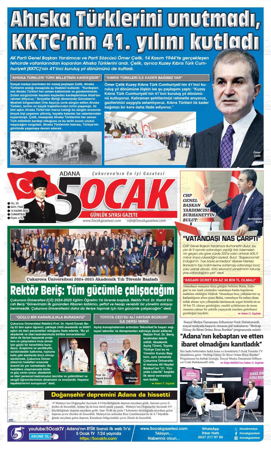 16 Kasım 2024 Adana 5 Ocak Gazete Manşeti