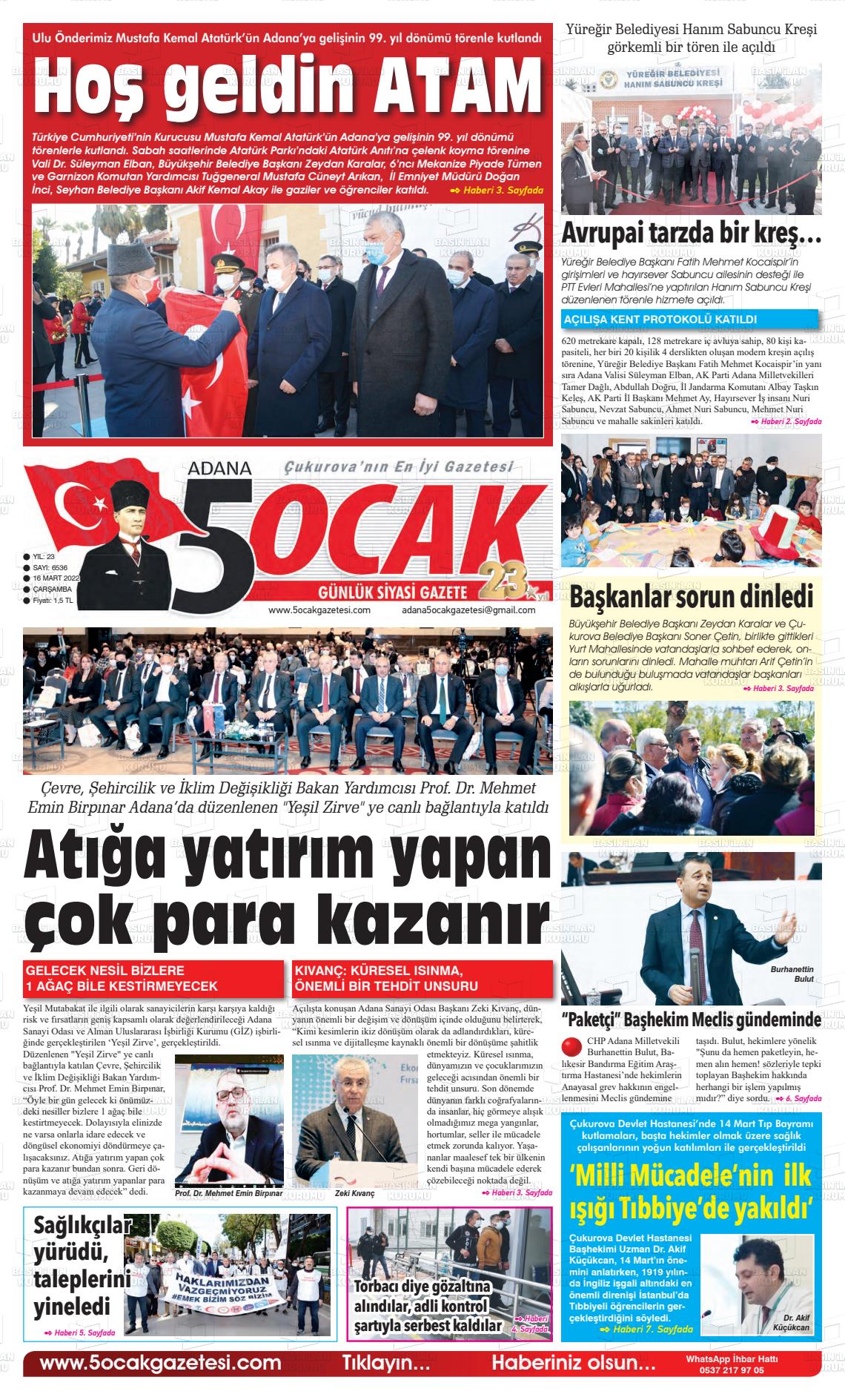 16 Mart 2022 Adana 5 Ocak Gazete Manşeti