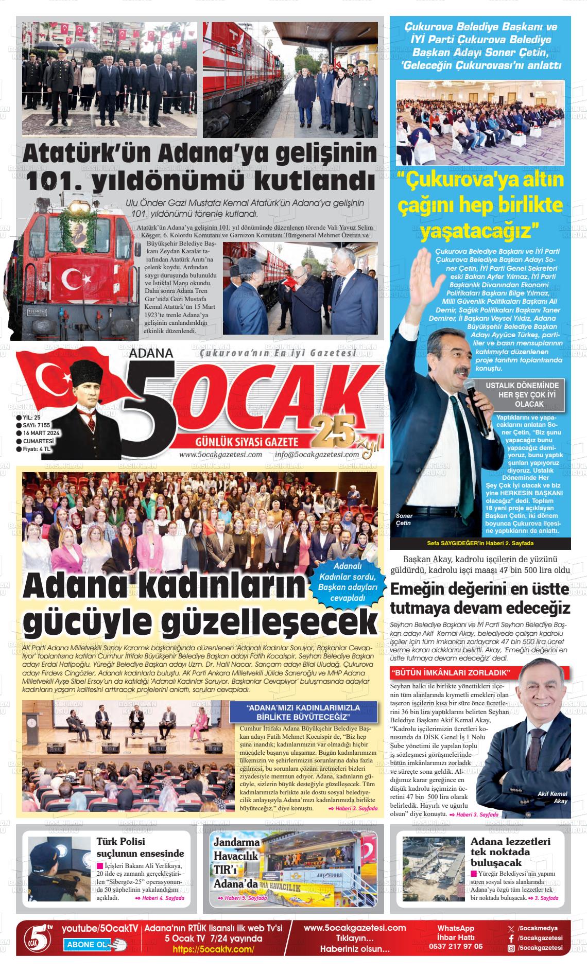 16 Mart 2024 Adana 5 Ocak Gazete Manşeti