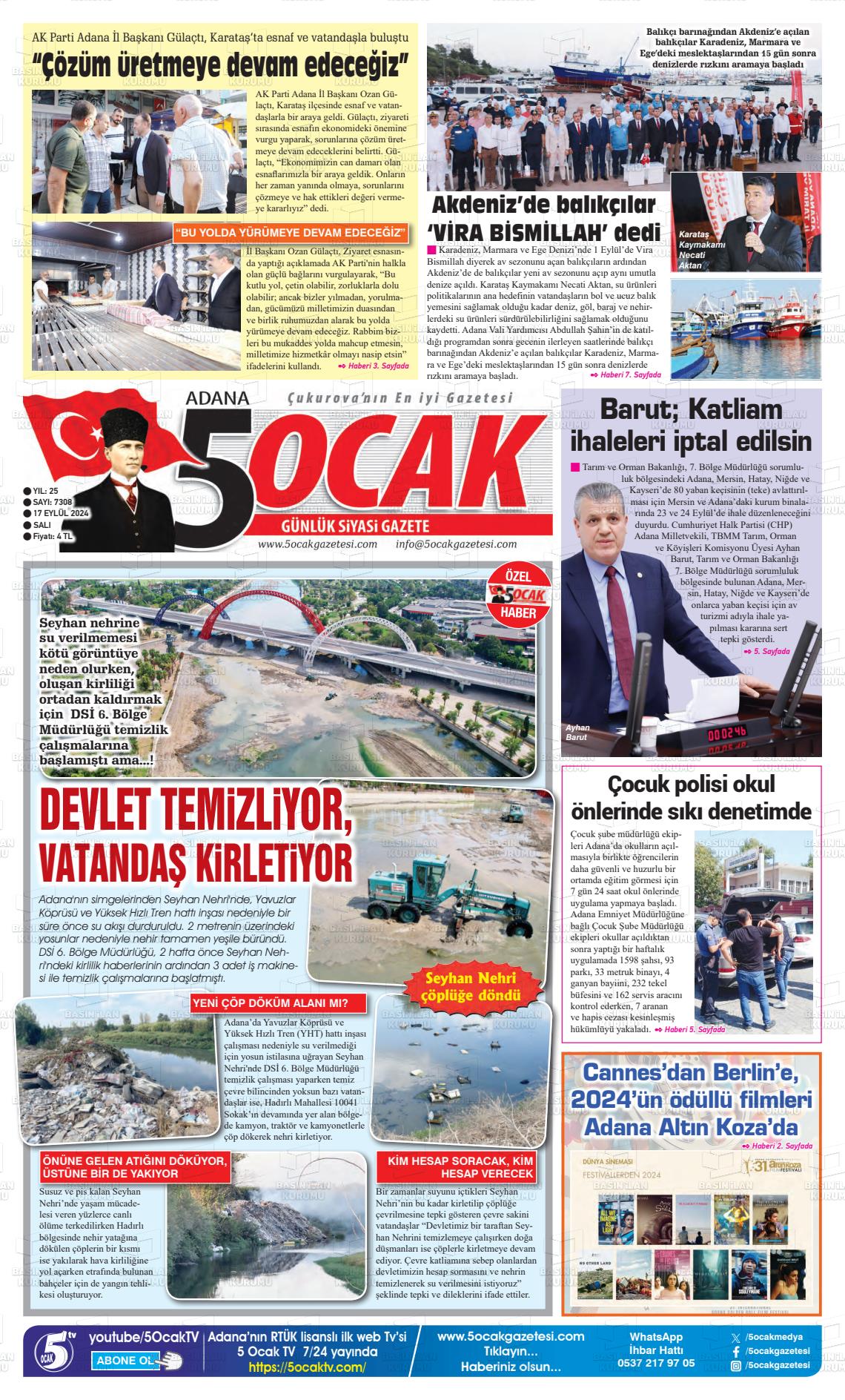 17 Eylül 2024 Adana 5 Ocak Gazete Manşeti