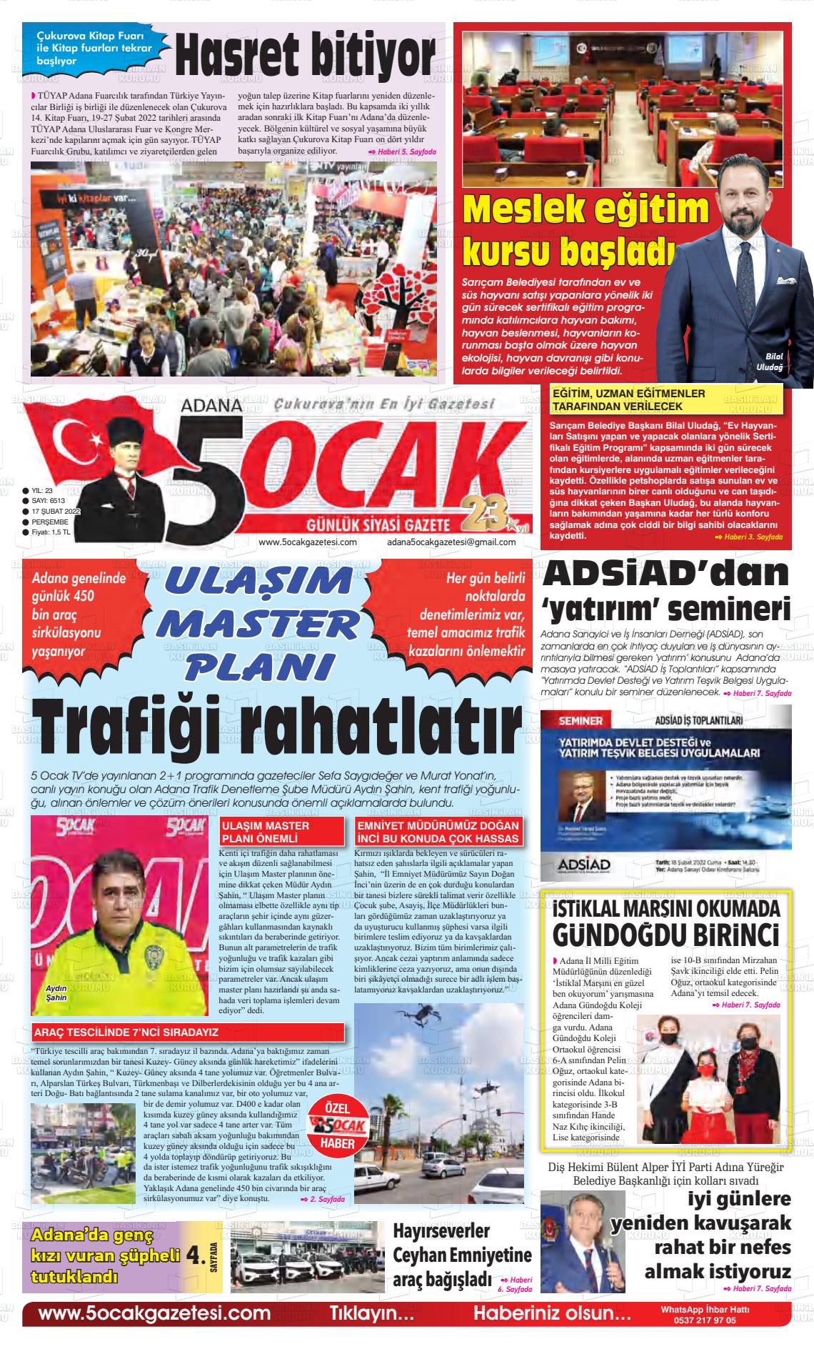 17 Şubat 2022 Adana 5 Ocak Gazete Manşeti