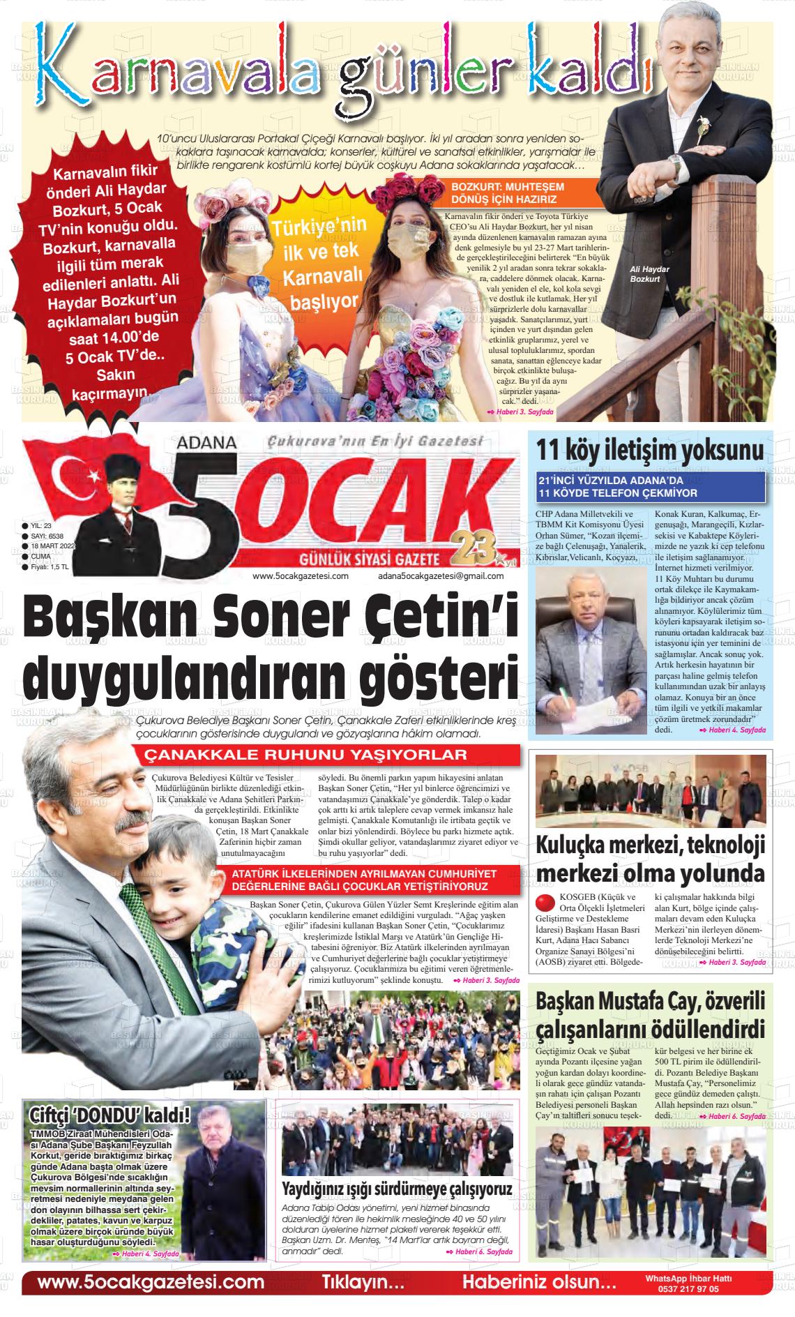 18 Mart 2022 Adana 5 Ocak Gazete Manşeti