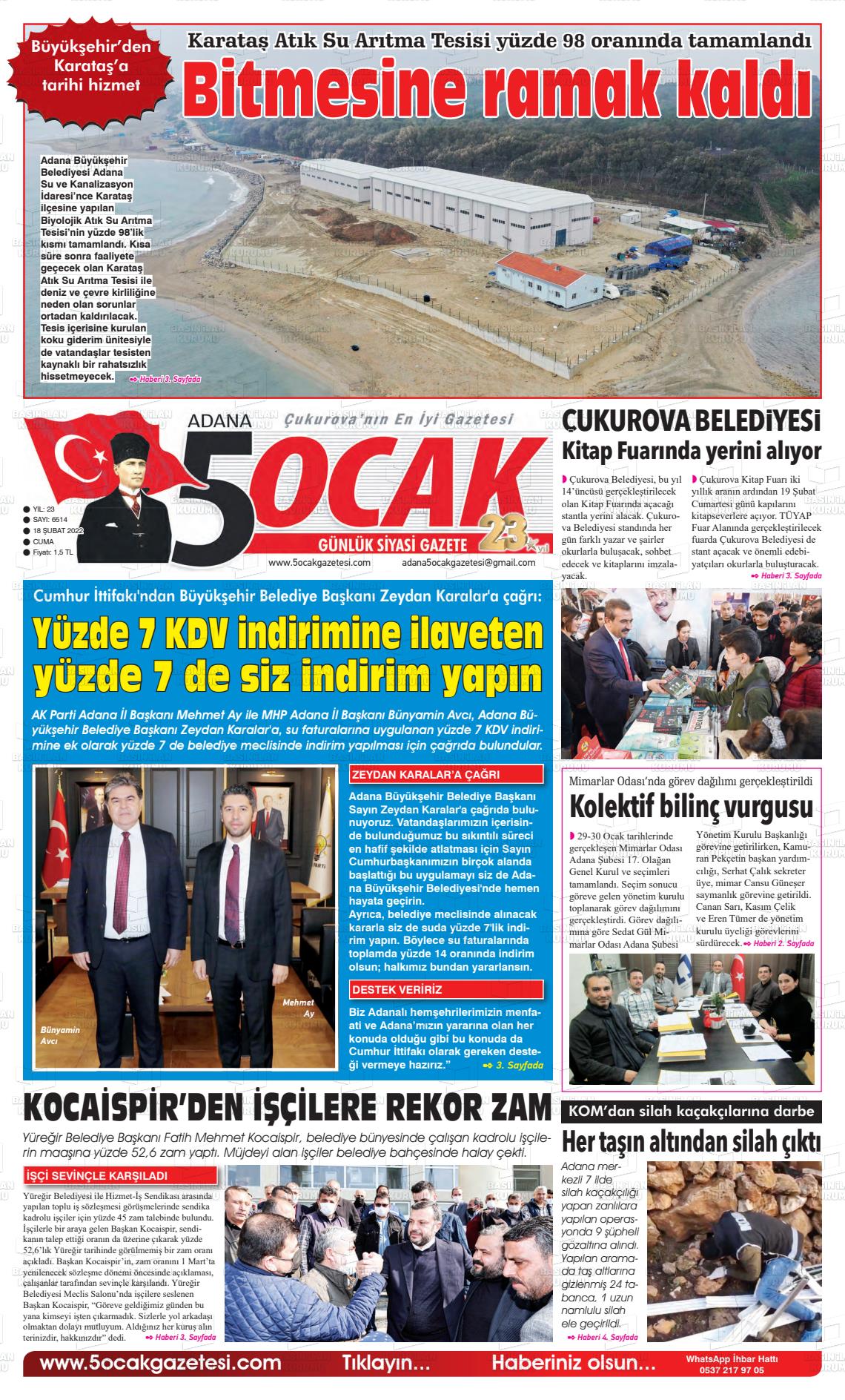 18 Şubat 2022 Adana 5 Ocak Gazete Manşeti