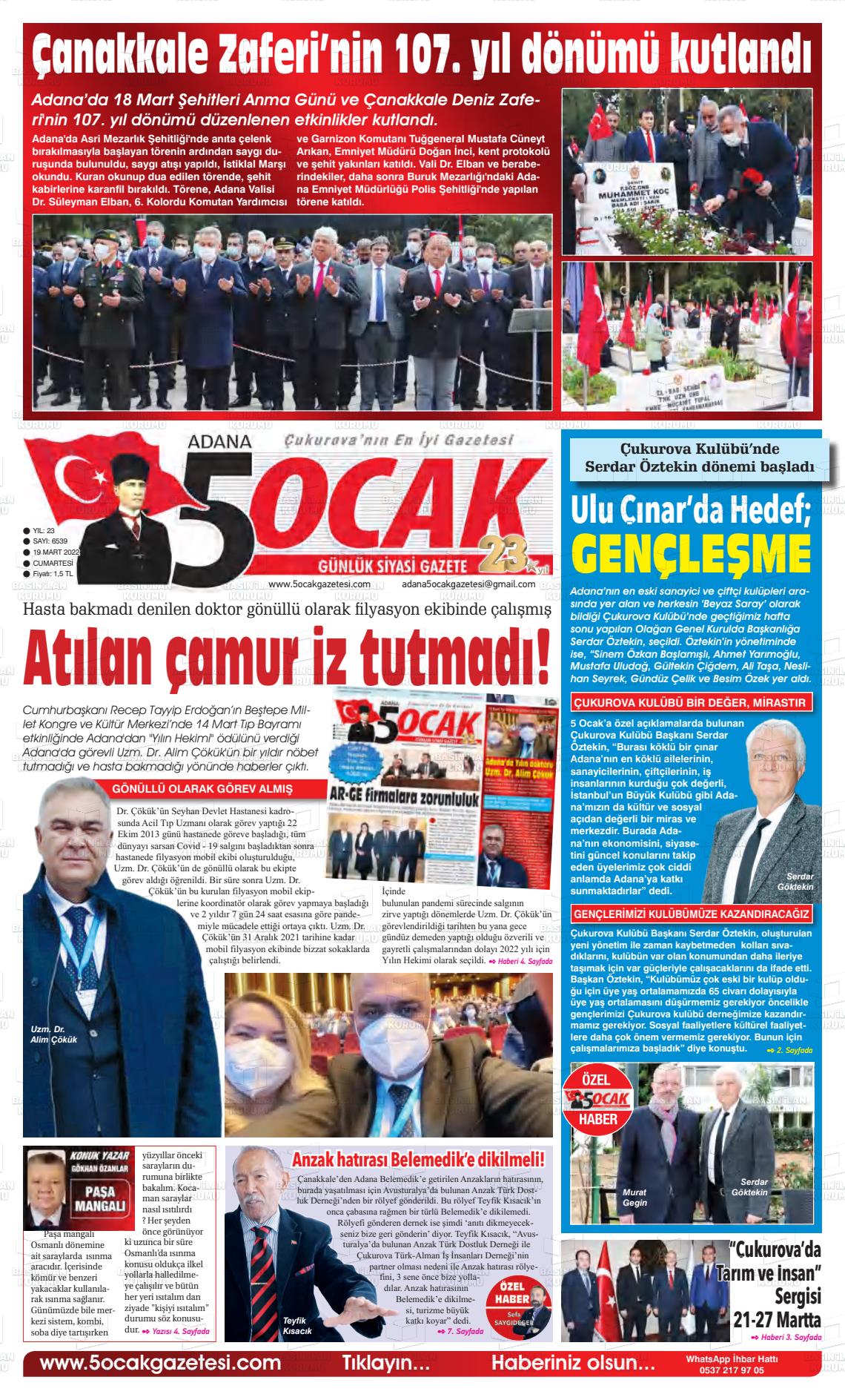 19 Mart 2022 Adana 5 Ocak Gazete Manşeti