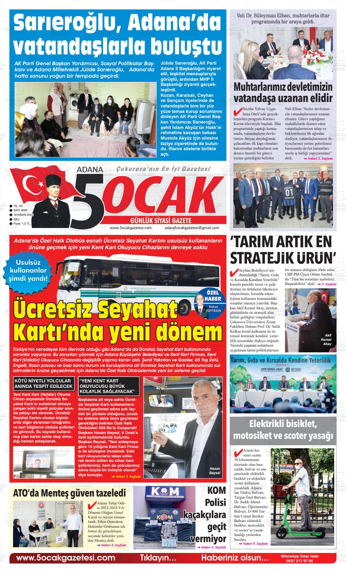 19 Nisan 2022 Adana 5 Ocak Gazete Manşeti