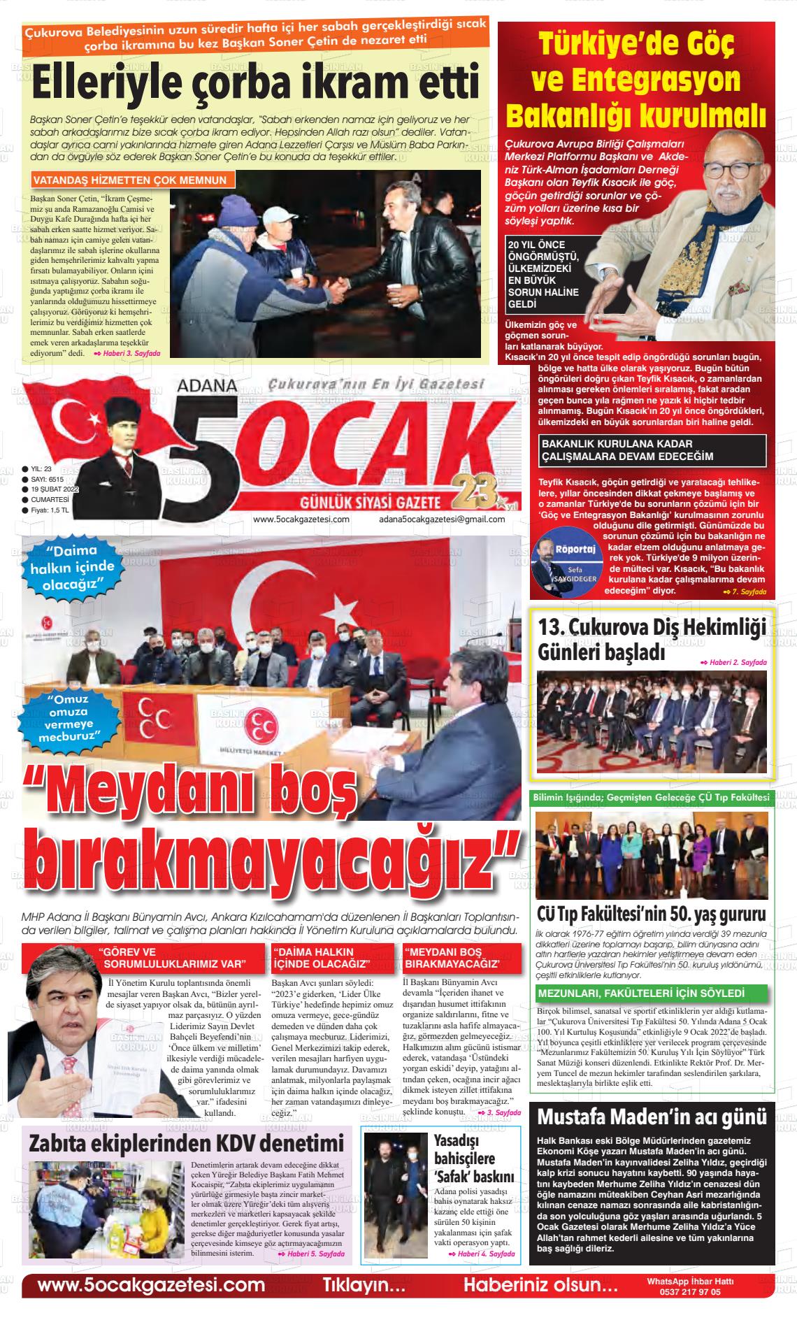 19 Şubat 2022 Adana 5 Ocak Gazete Manşeti