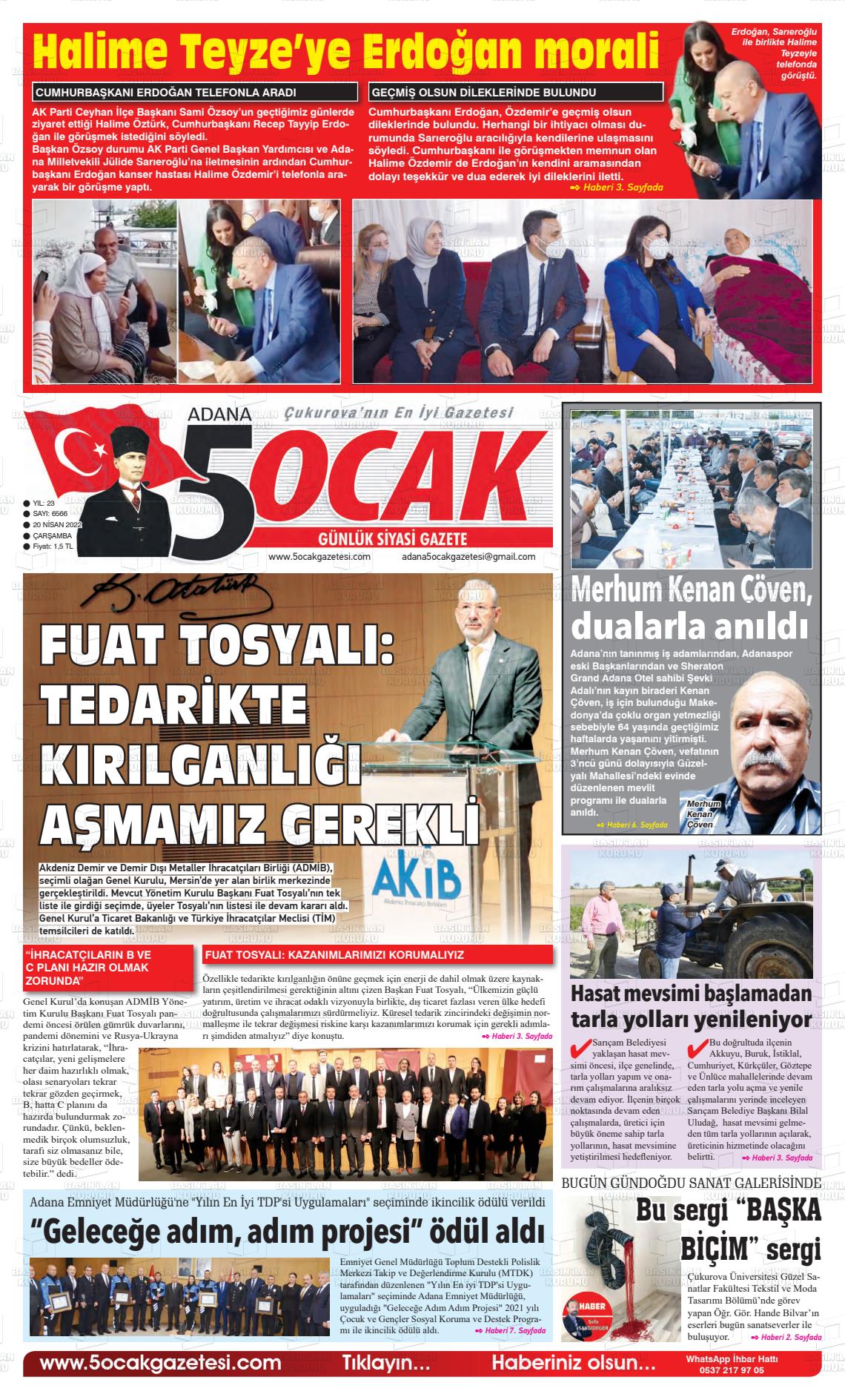 20 Nisan 2022 Adana 5 Ocak Gazete Manşeti