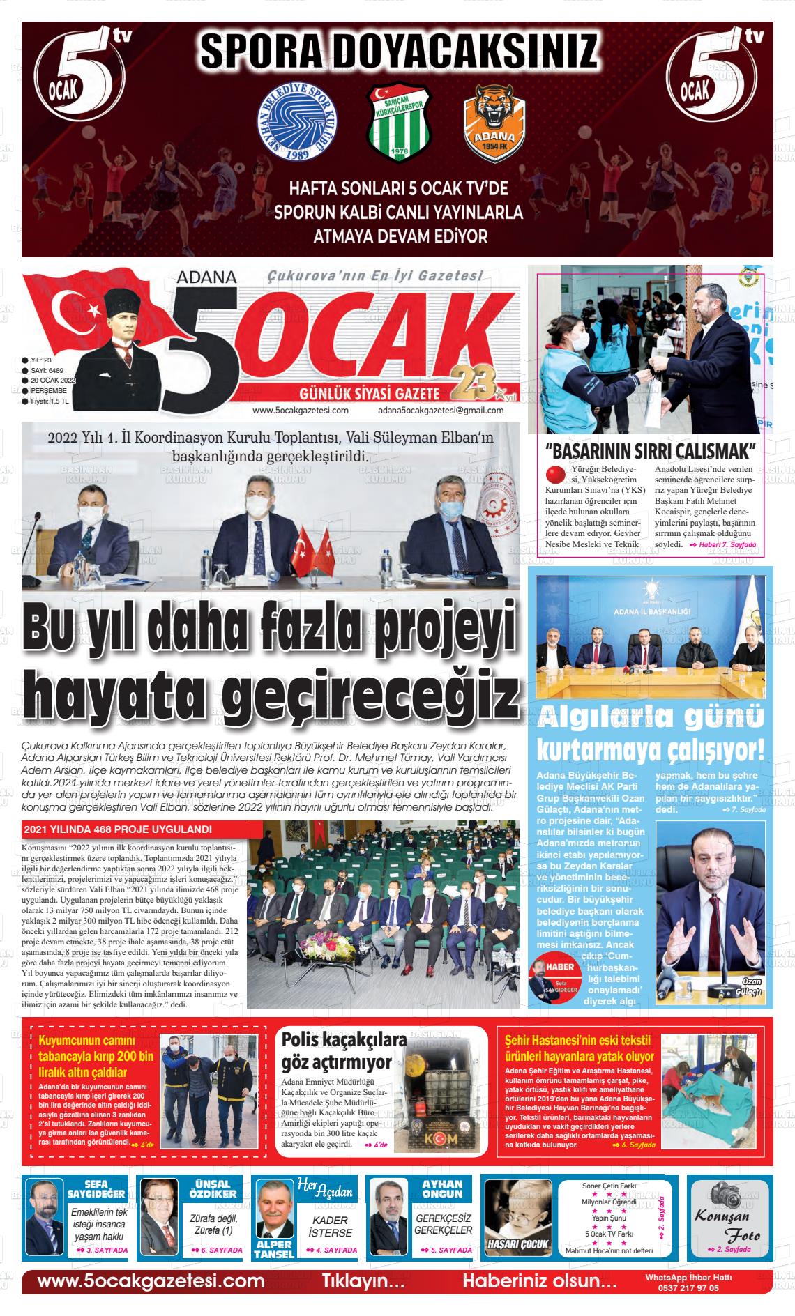 20 Ocak 2022 Adana 5 Ocak Gazete Manşeti