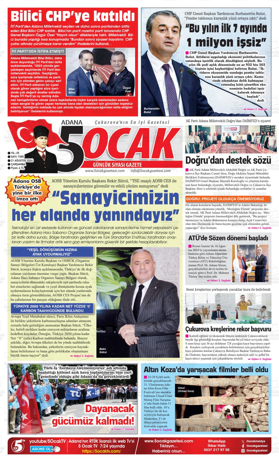 21 Ağustos 2024 Adana 5 Ocak Gazete Manşeti