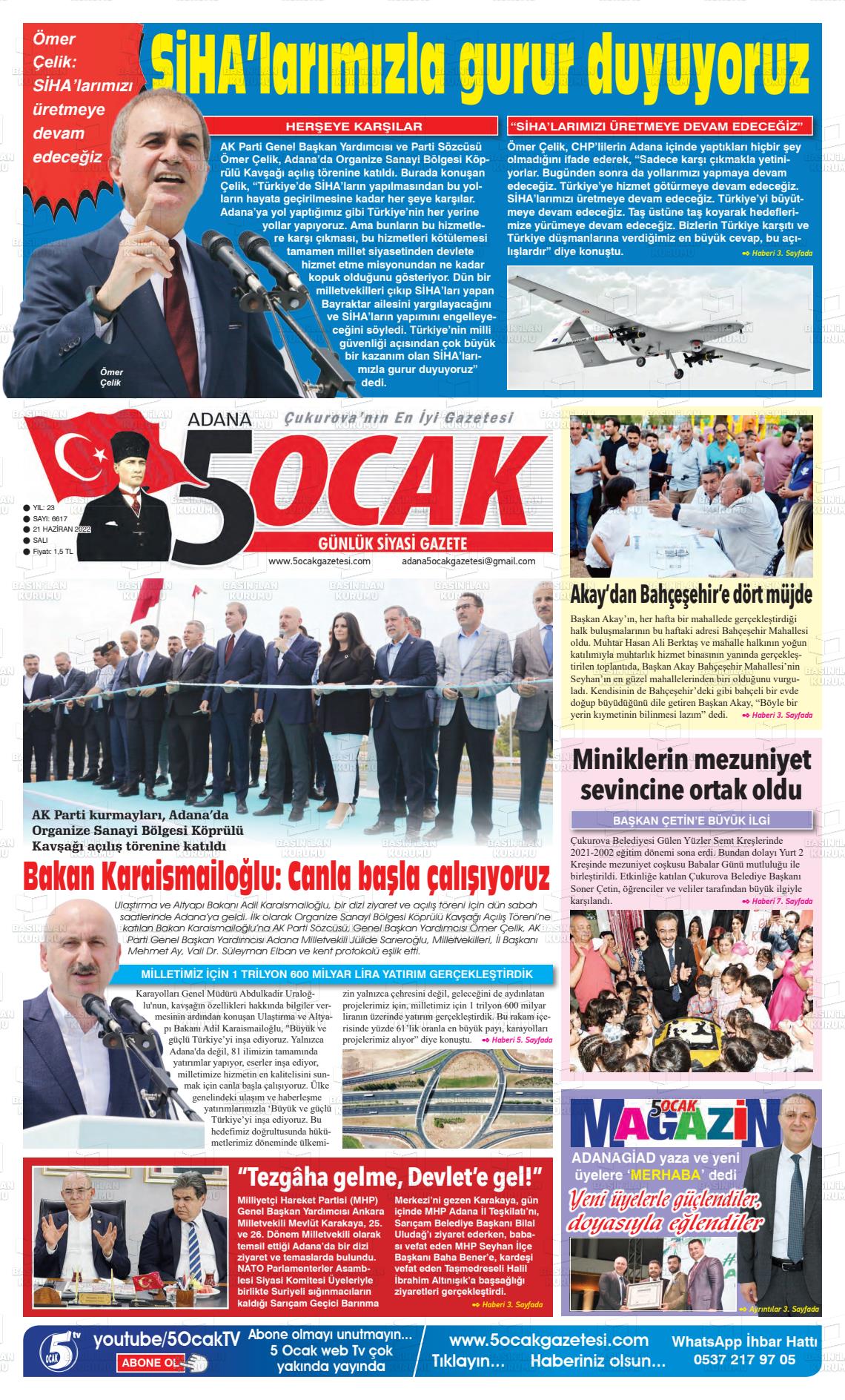 21 Haziran 2022 Adana 5 Ocak Gazete Manşeti