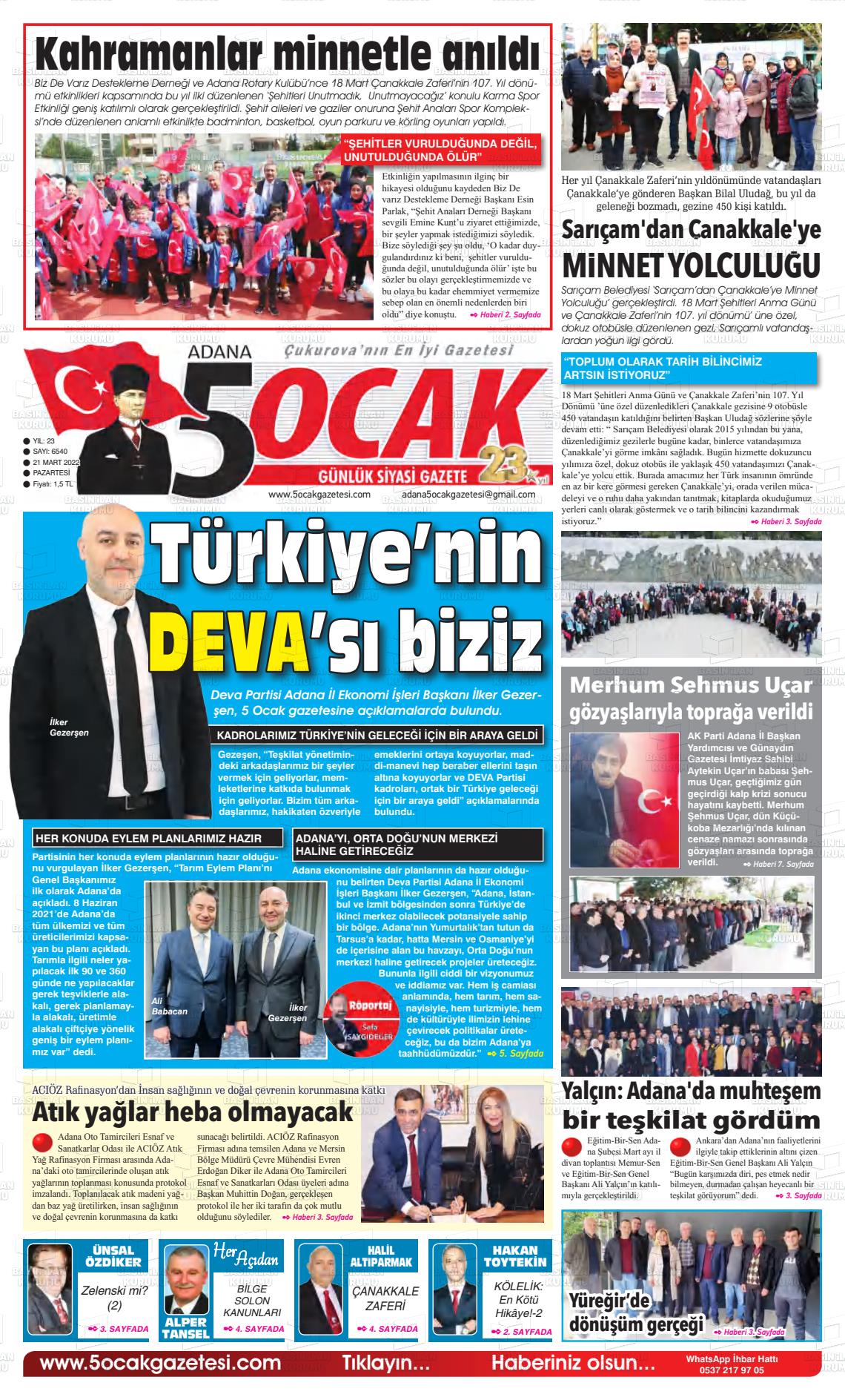 21 Mart 2022 Adana 5 Ocak Gazete Manşeti