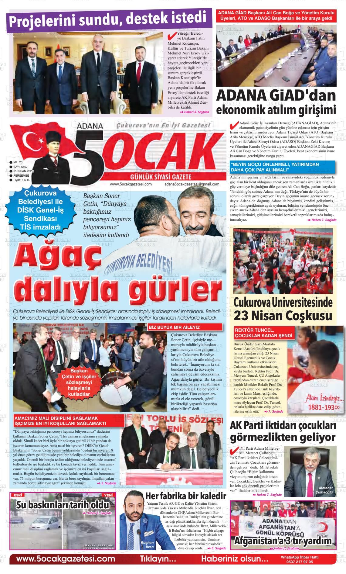 21 Nisan 2022 Adana 5 Ocak Gazete Manşeti