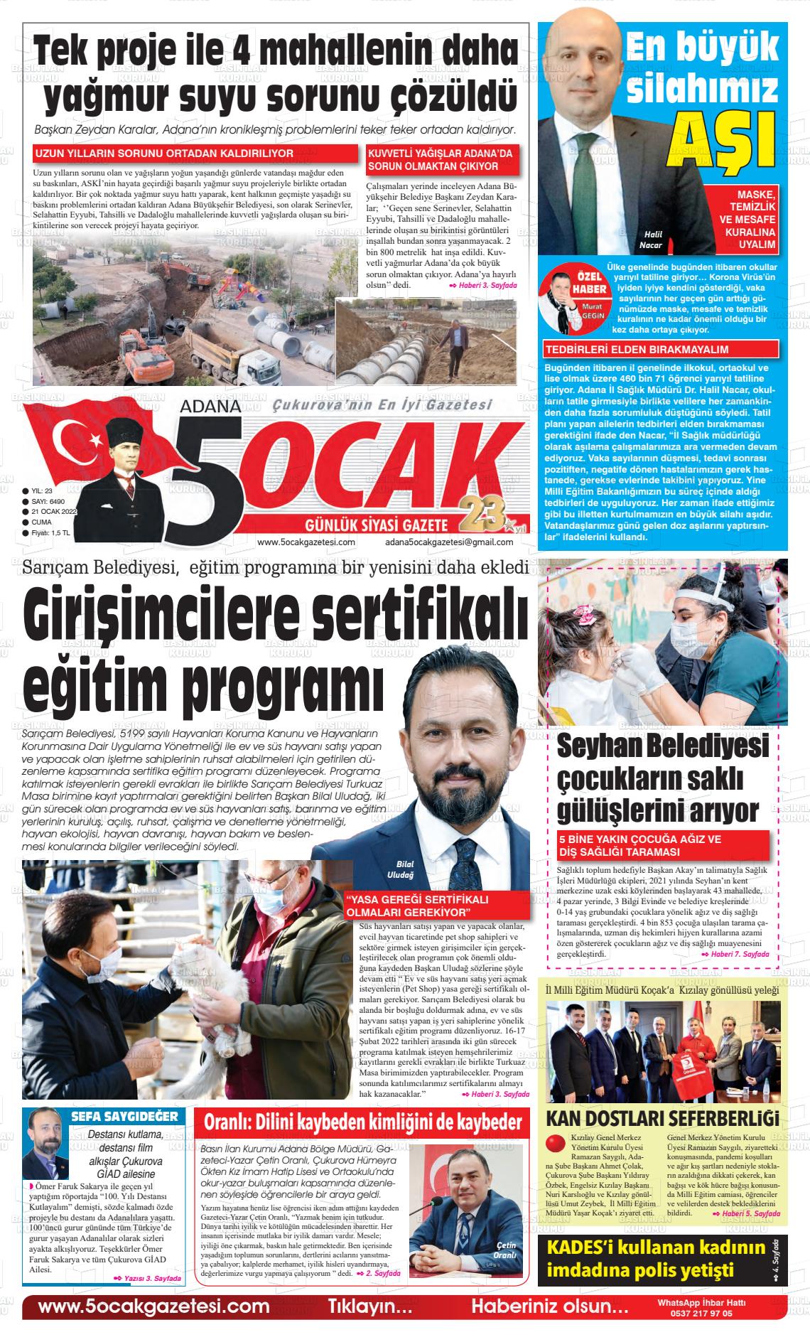 21 Ocak 2022 Adana 5 Ocak Gazete Manşeti