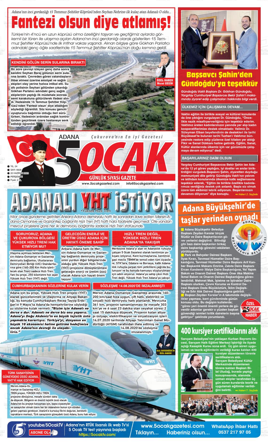 22 Haziran 2023 Adana 5 Ocak Gazete Manşeti