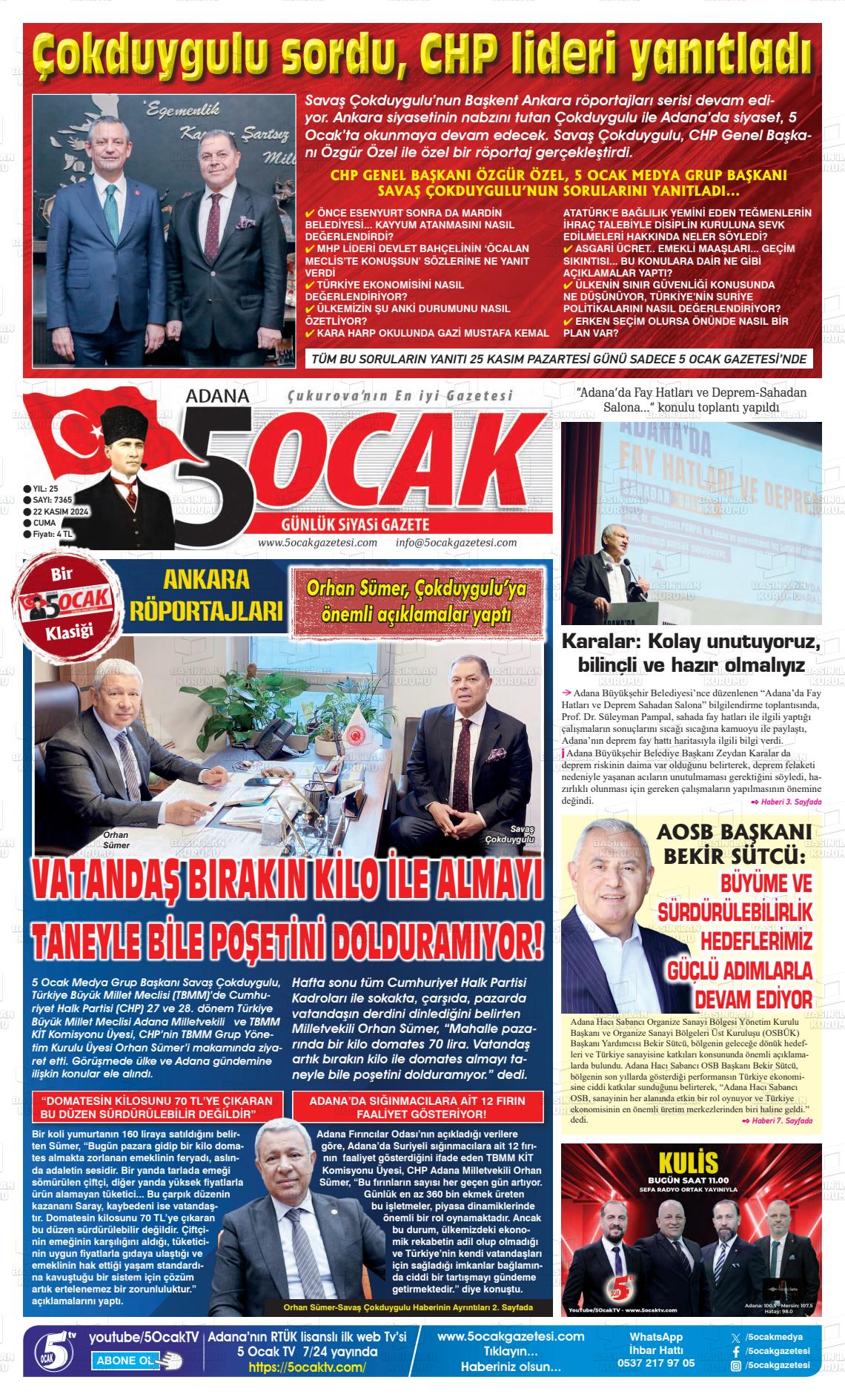 22 Kasım 2024 Adana 5 Ocak Gazete Manşeti