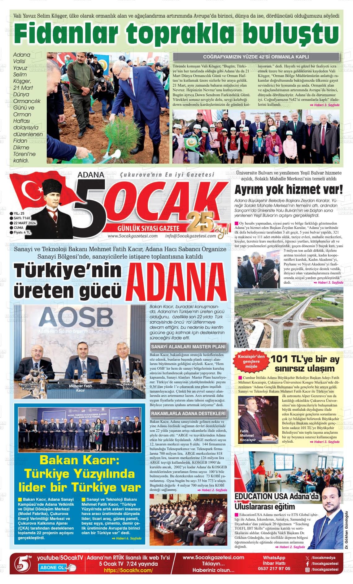 22 Mart 2024 Adana 5 Ocak Gazete Manşeti