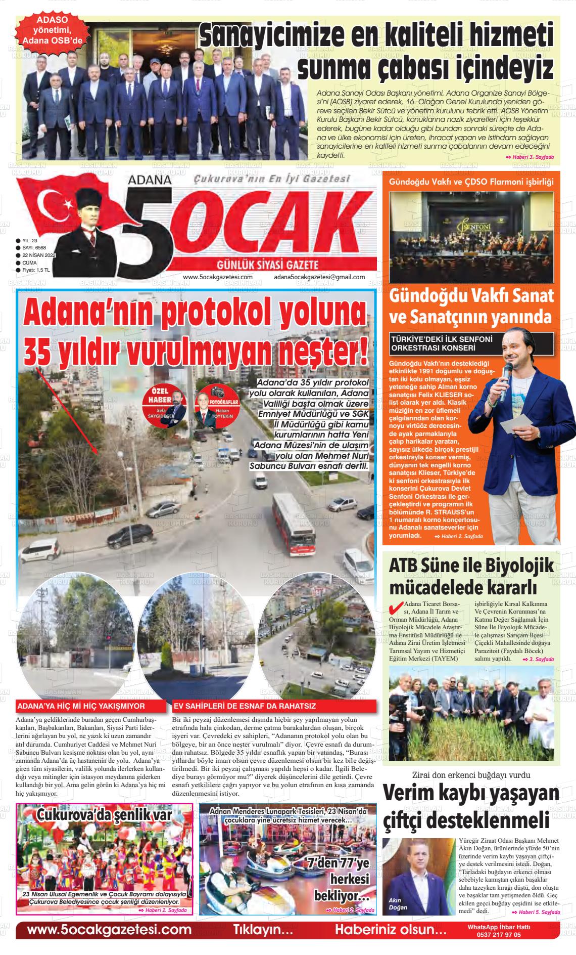 22 Nisan 2022 Adana 5 Ocak Gazete Manşeti