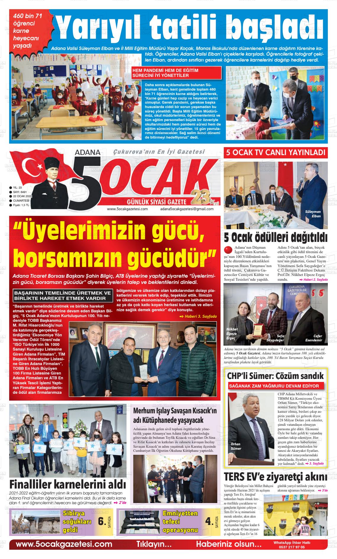 22 Ocak 2022 Adana 5 Ocak Gazete Manşeti