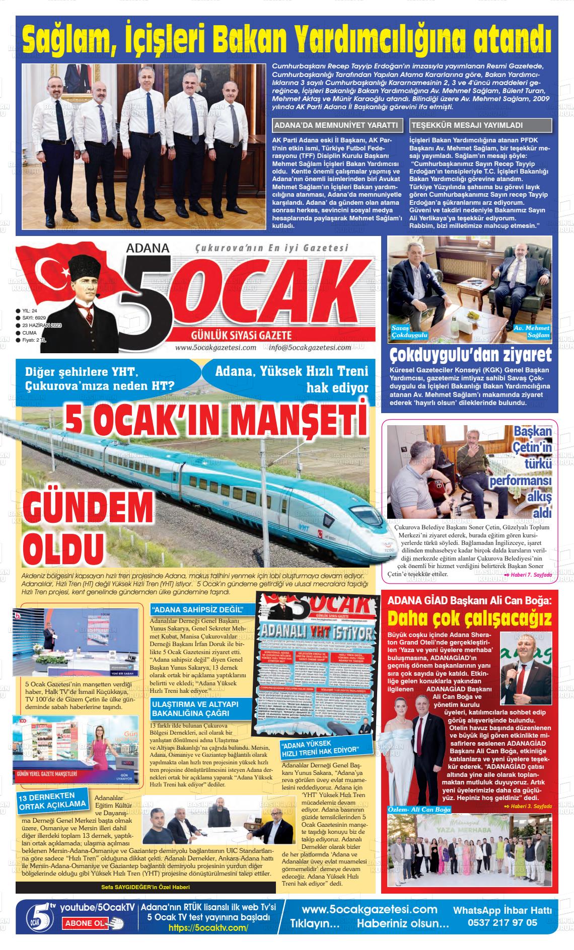 23 Haziran 2023 Adana 5 Ocak Gazete Manşeti