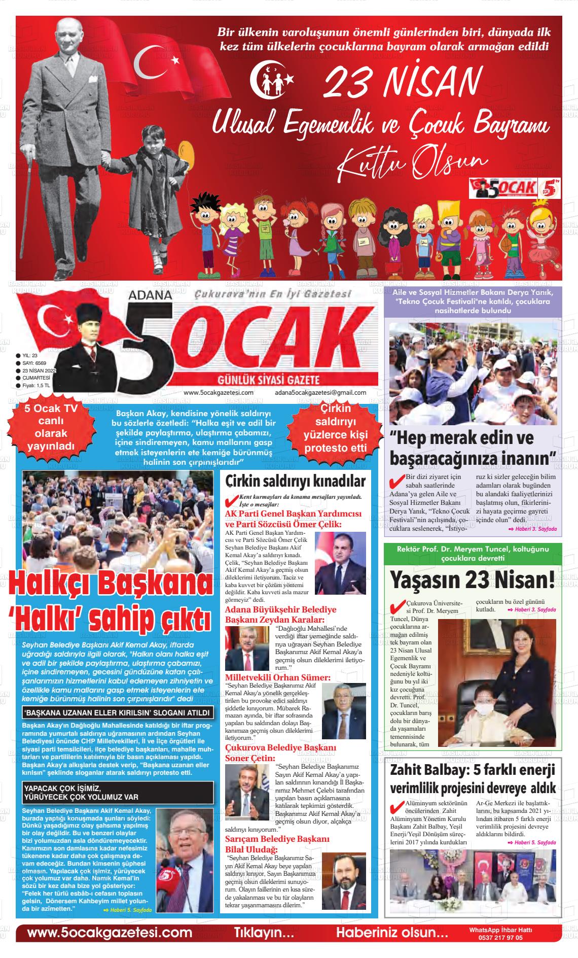 23 Nisan 2022 Adana 5 Ocak Gazete Manşeti