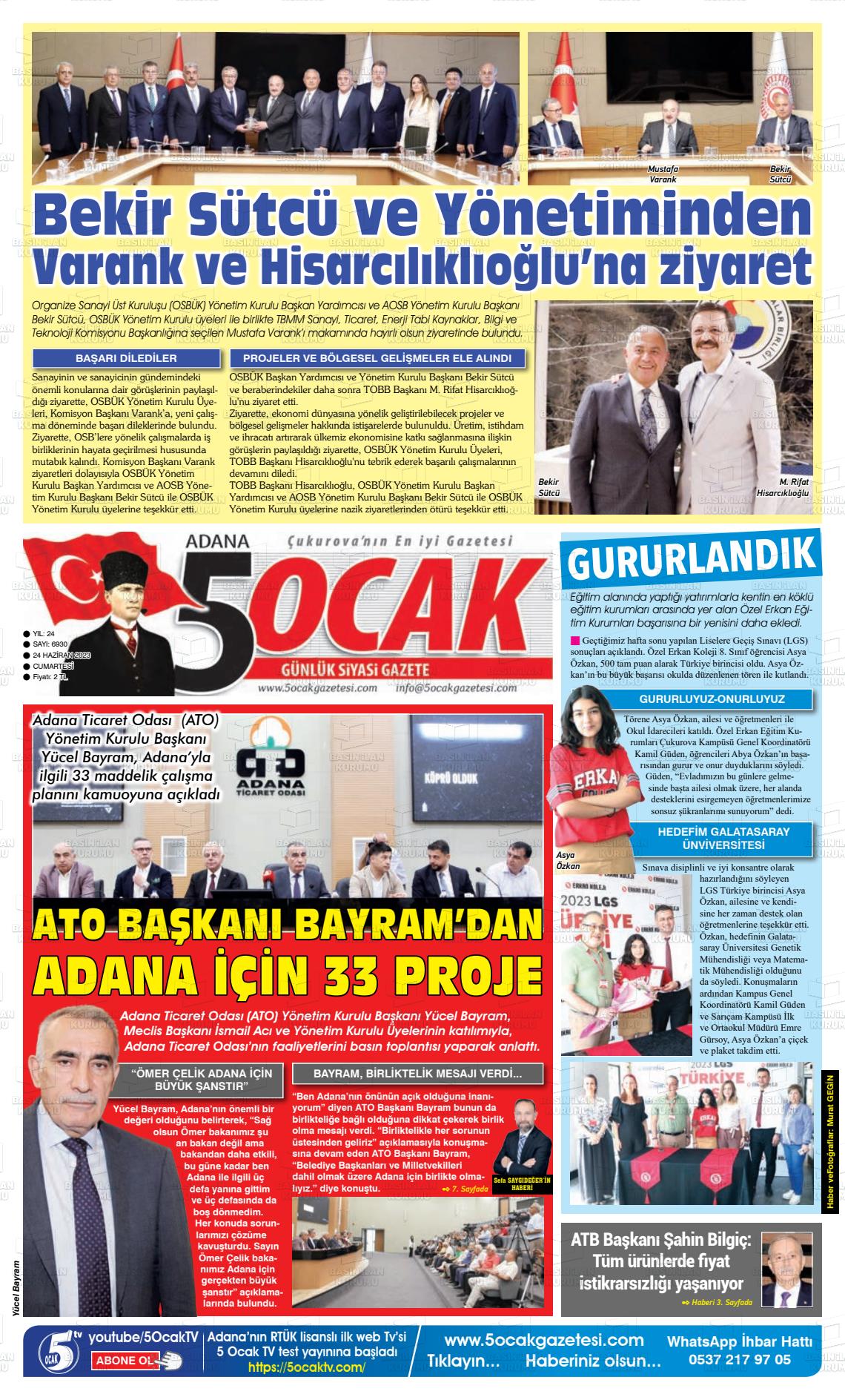 24 Haziran 2023 Adana 5 Ocak Gazete Manşeti