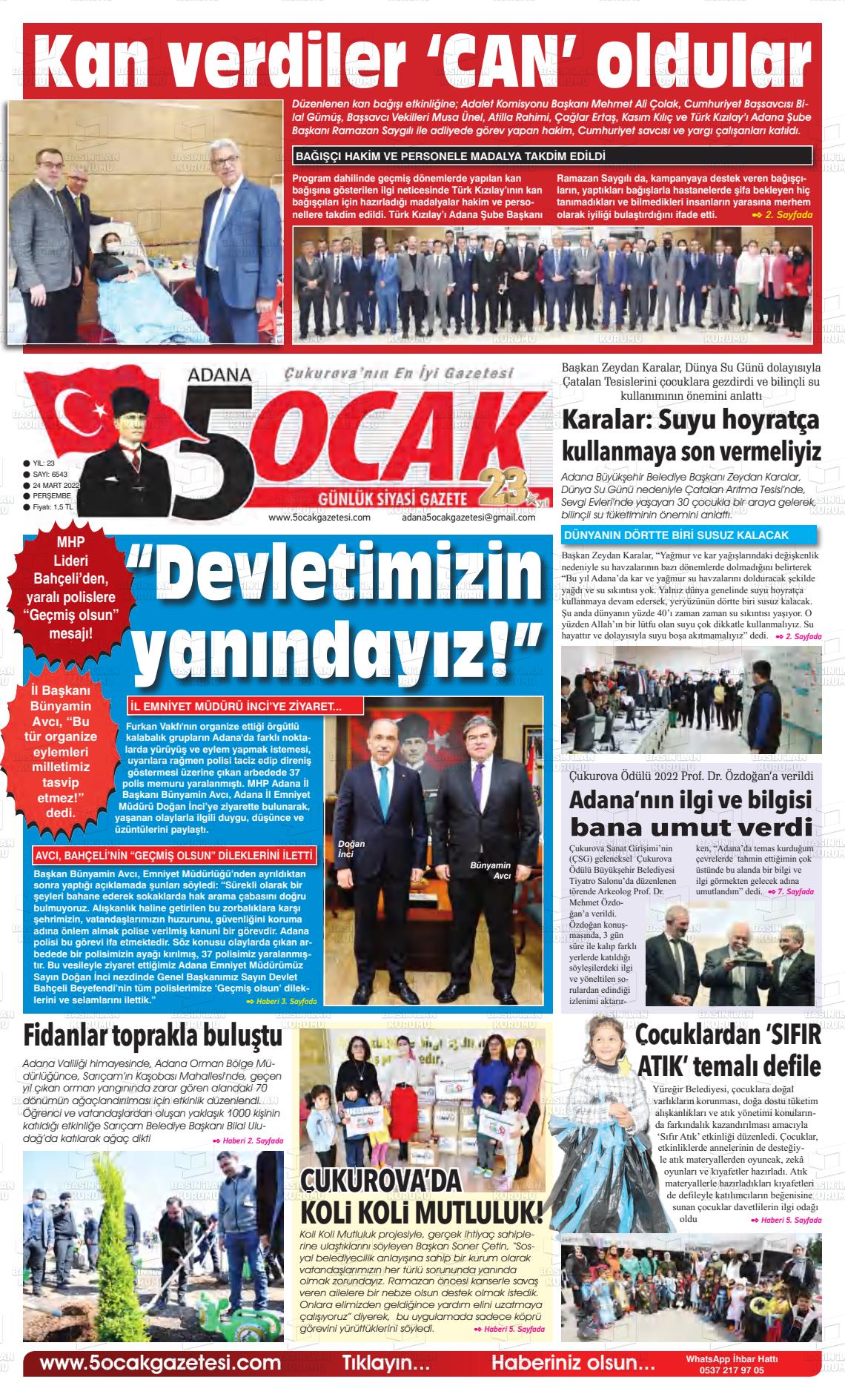 24 Mart 2022 Adana 5 Ocak Gazete Manşeti