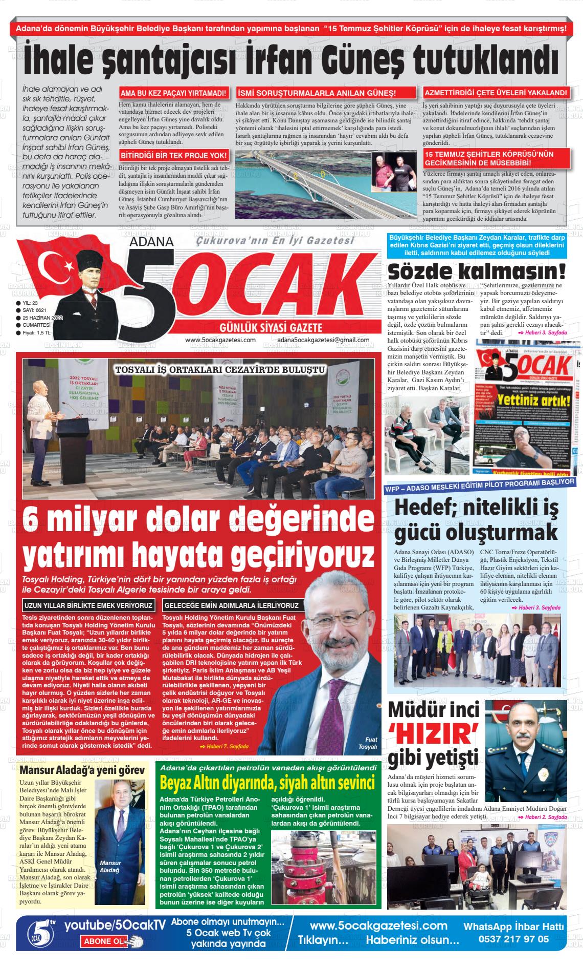 25 Haziran 2022 Adana 5 Ocak Gazete Manşeti