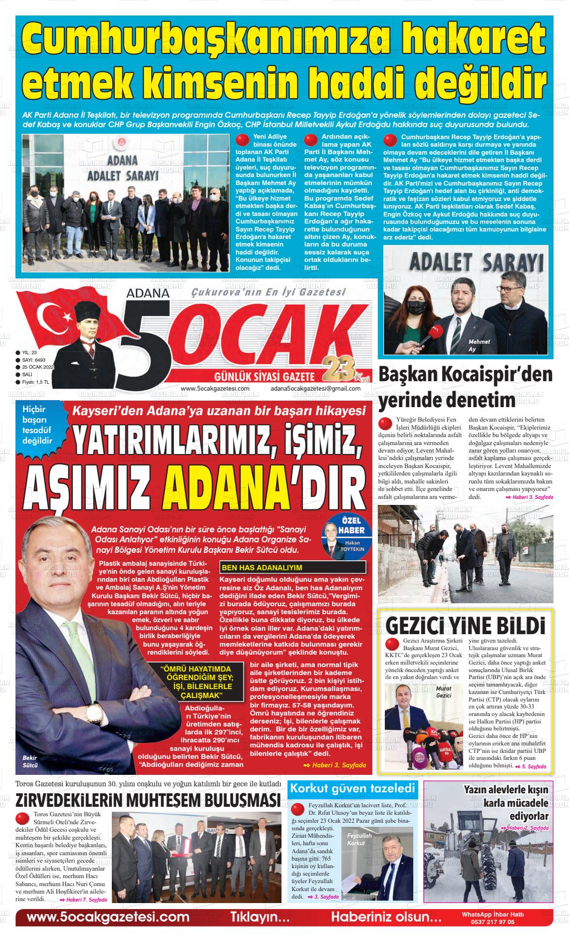 25 Ocak 2022 Adana 5 Ocak Gazete Manşeti