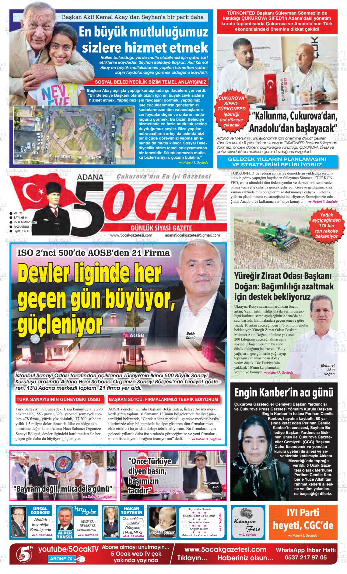 22 Eylül 2022 Adana 5 Ocak Gazete Manşeti