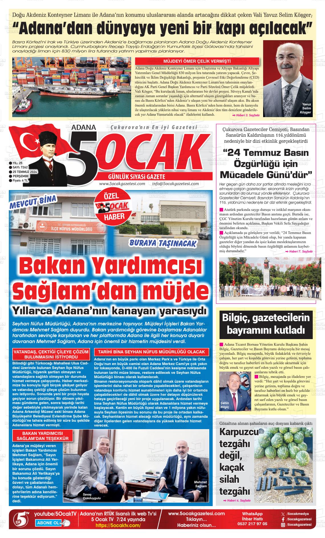 25 Temmuz 2024 Adana 5 Ocak Gazete Manşeti