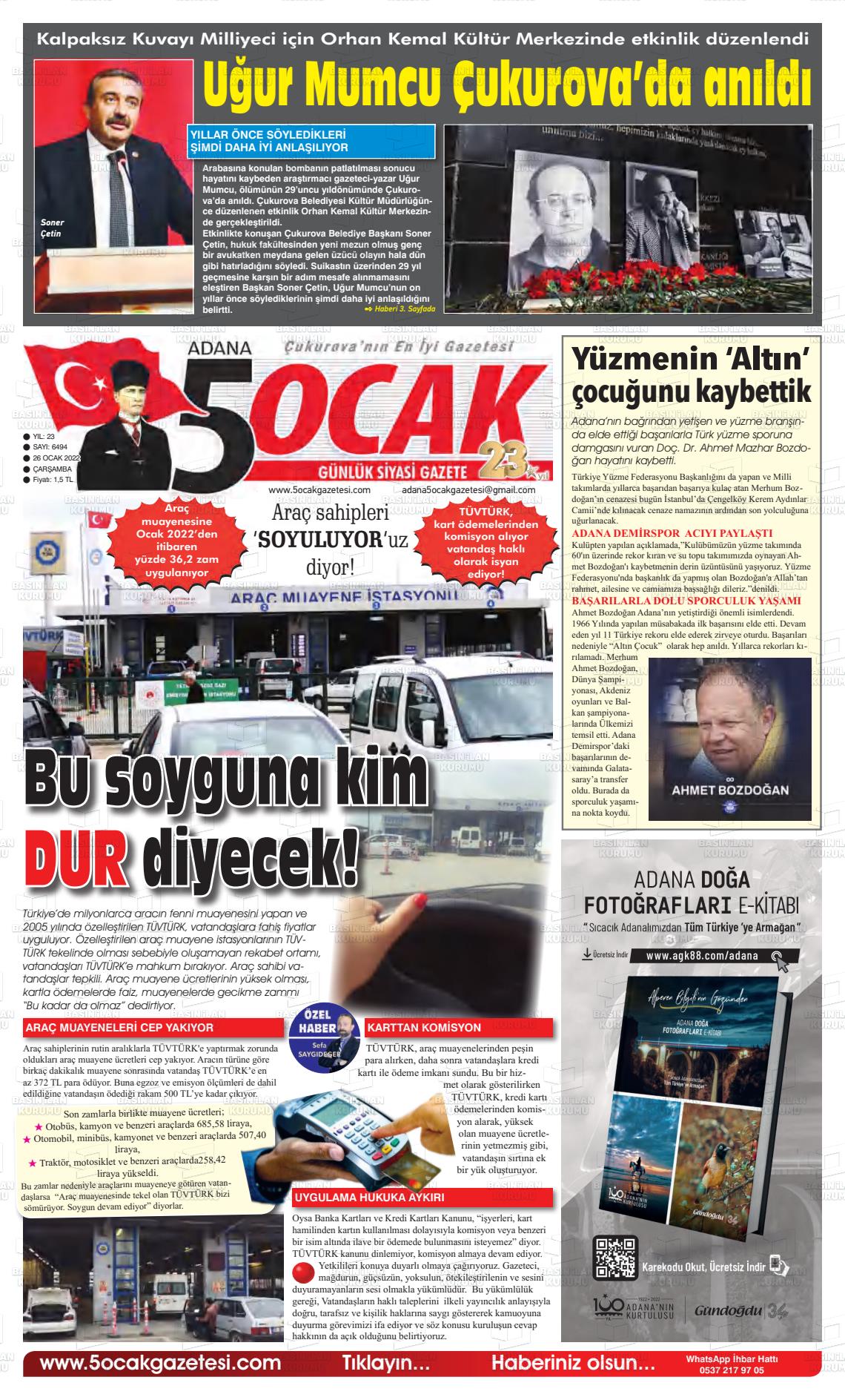 26 Ocak 2022 Adana 5 Ocak Gazete Manşeti