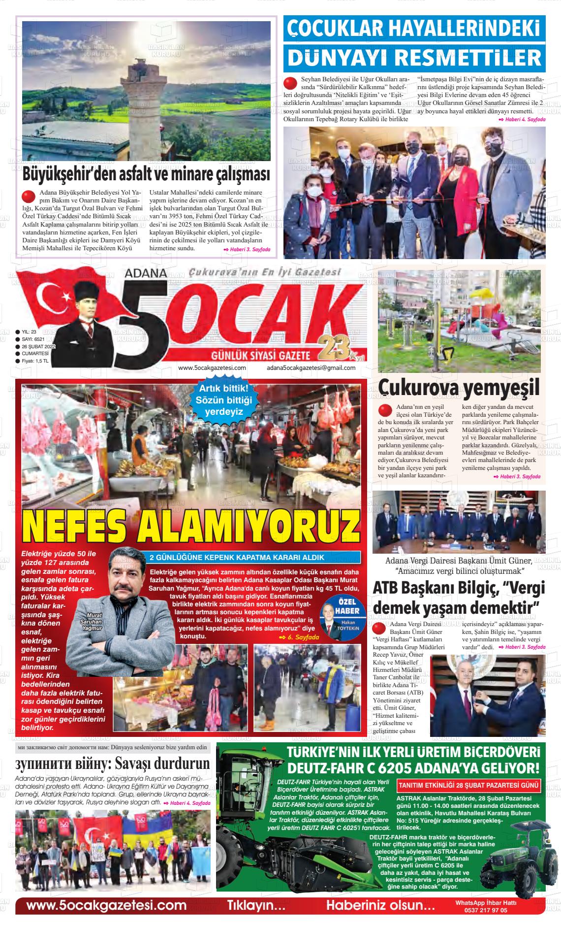 26 Şubat 2022 Adana 5 Ocak Gazete Manşeti