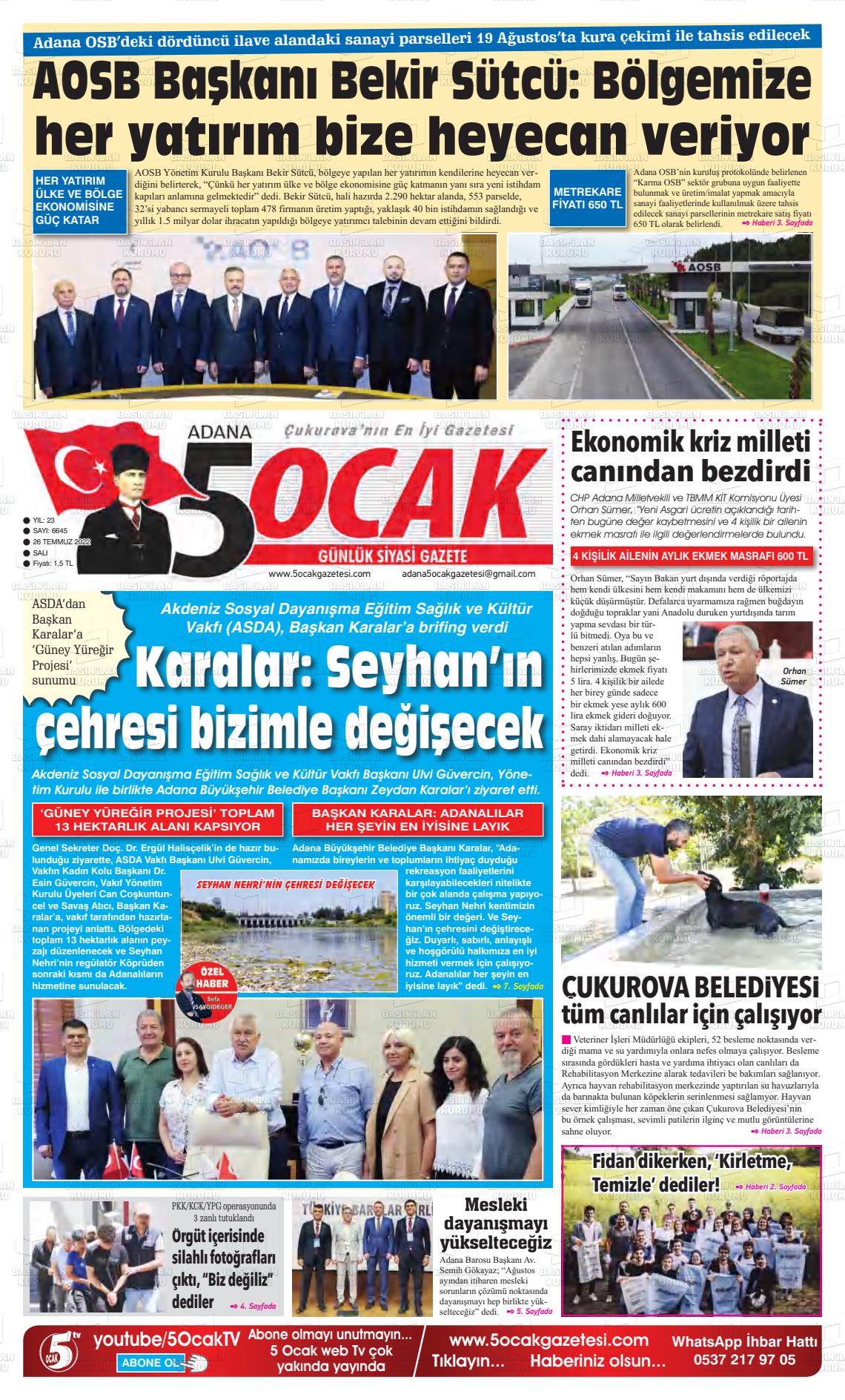 26 Temmuz 2022 Adana 5 Ocak Gazete Manşeti