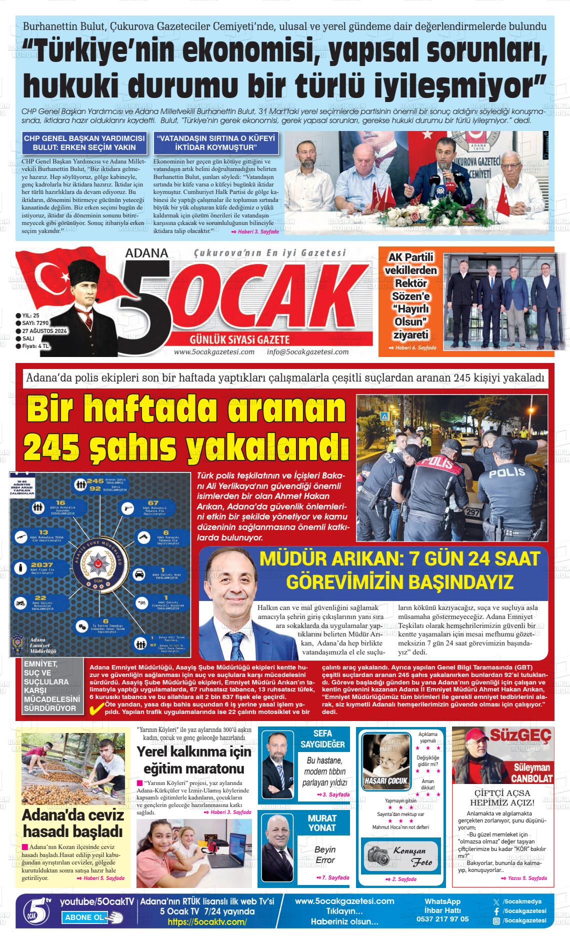 27 Ağustos 2024 Adana 5 Ocak Gazete Manşeti