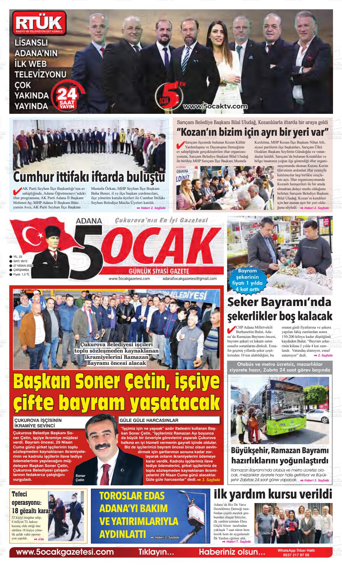 27 Nisan 2022 Adana 5 Ocak Gazete Manşeti