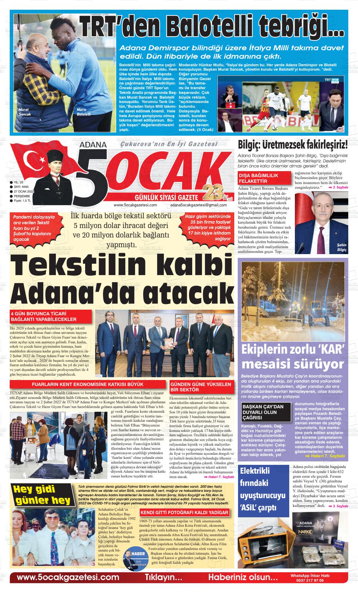 27 Ocak 2022 Adana 5 Ocak Gazete Manşeti