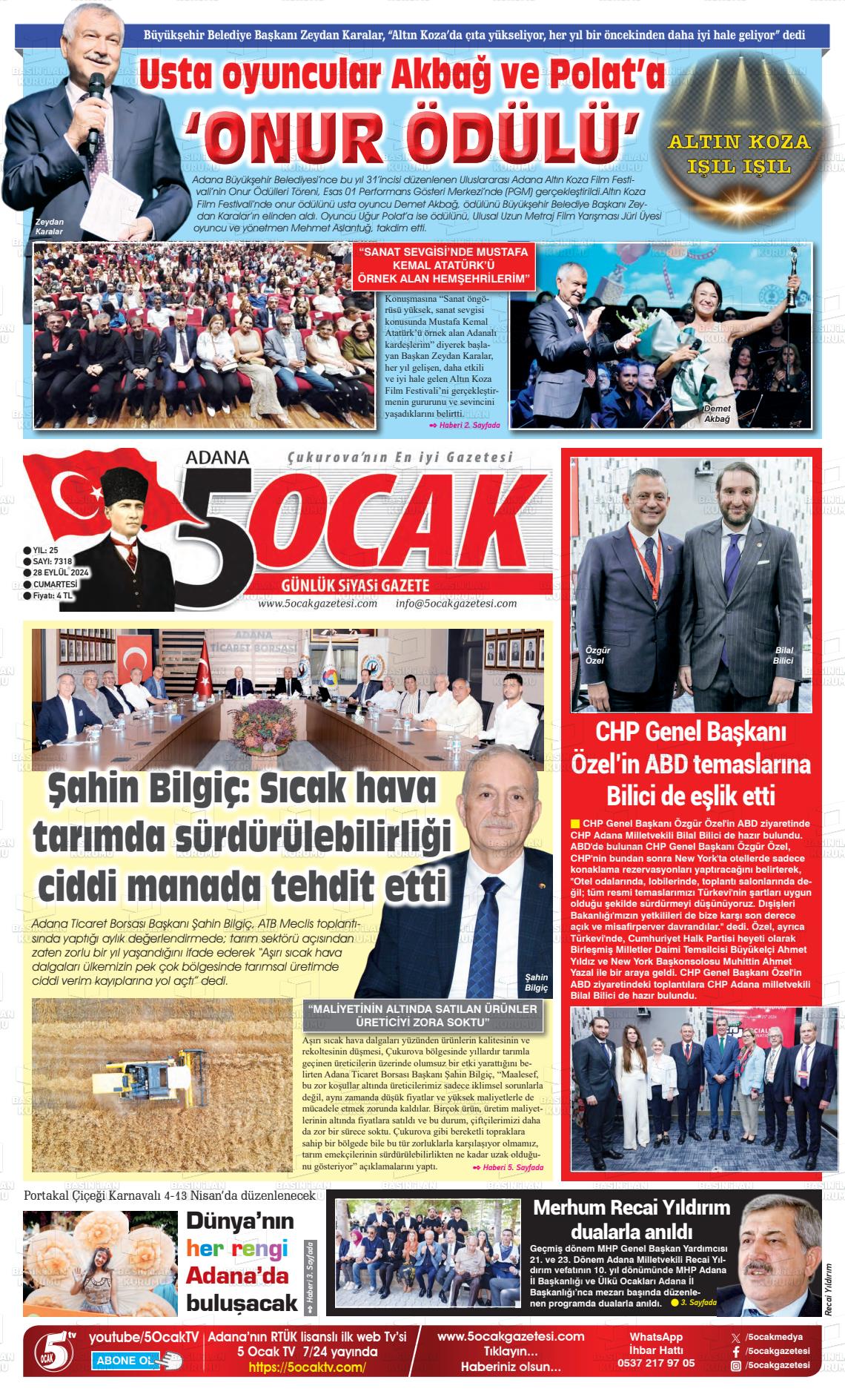 28 Eylül 2024 Adana 5 Ocak Gazete Manşeti