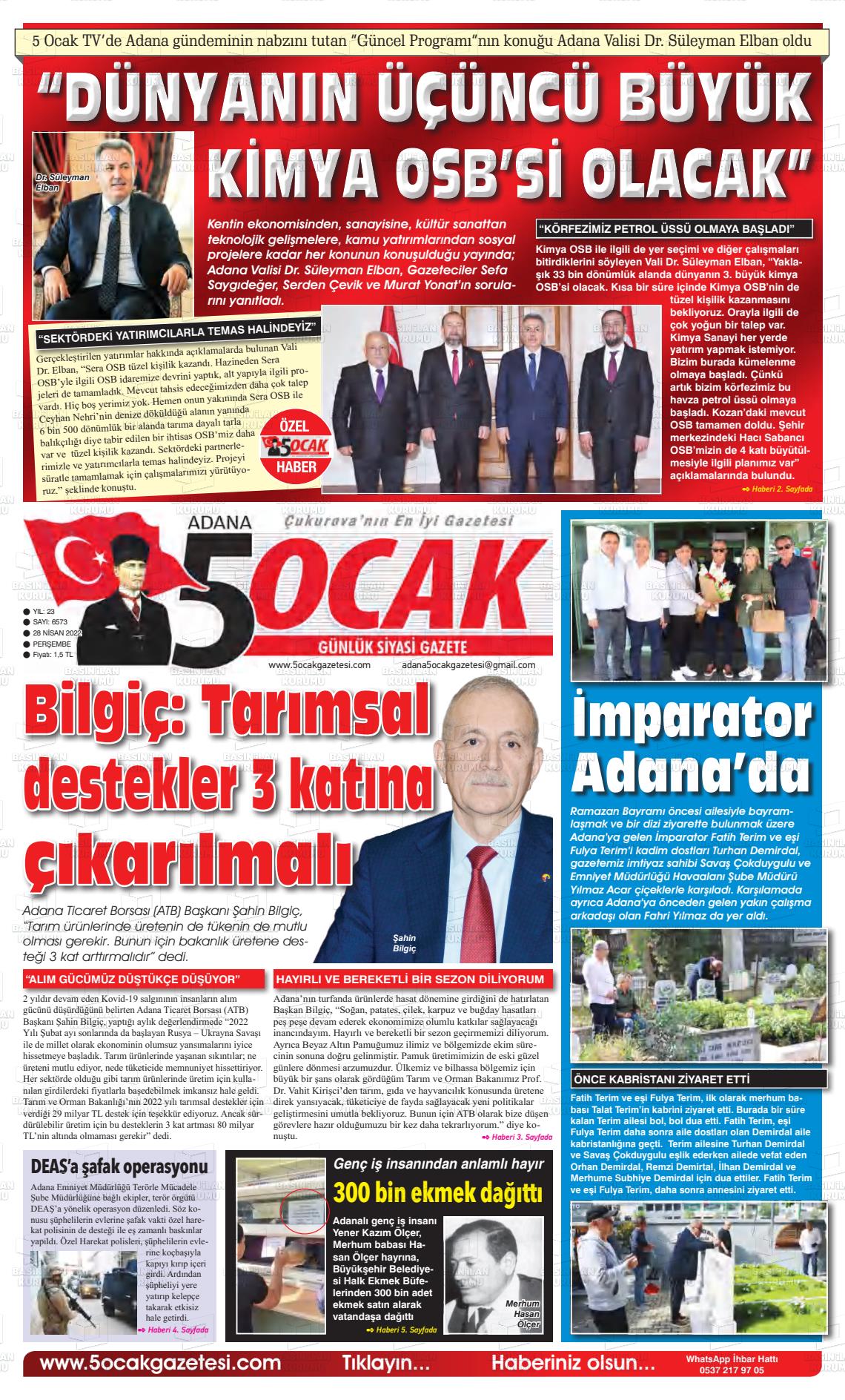 28 Nisan 2022 Adana 5 Ocak Gazete Manşeti