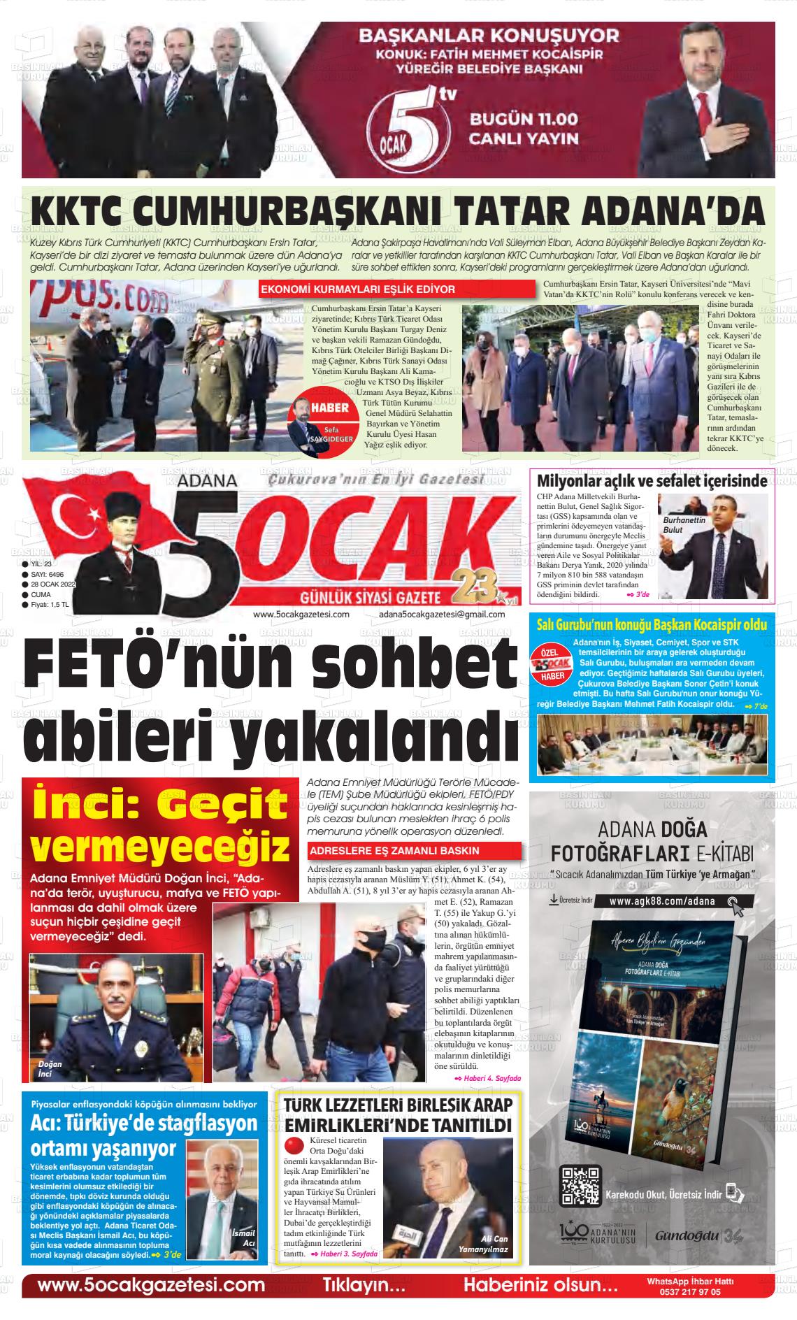 28 Ocak 2022 Adana 5 Ocak Gazete Manşeti