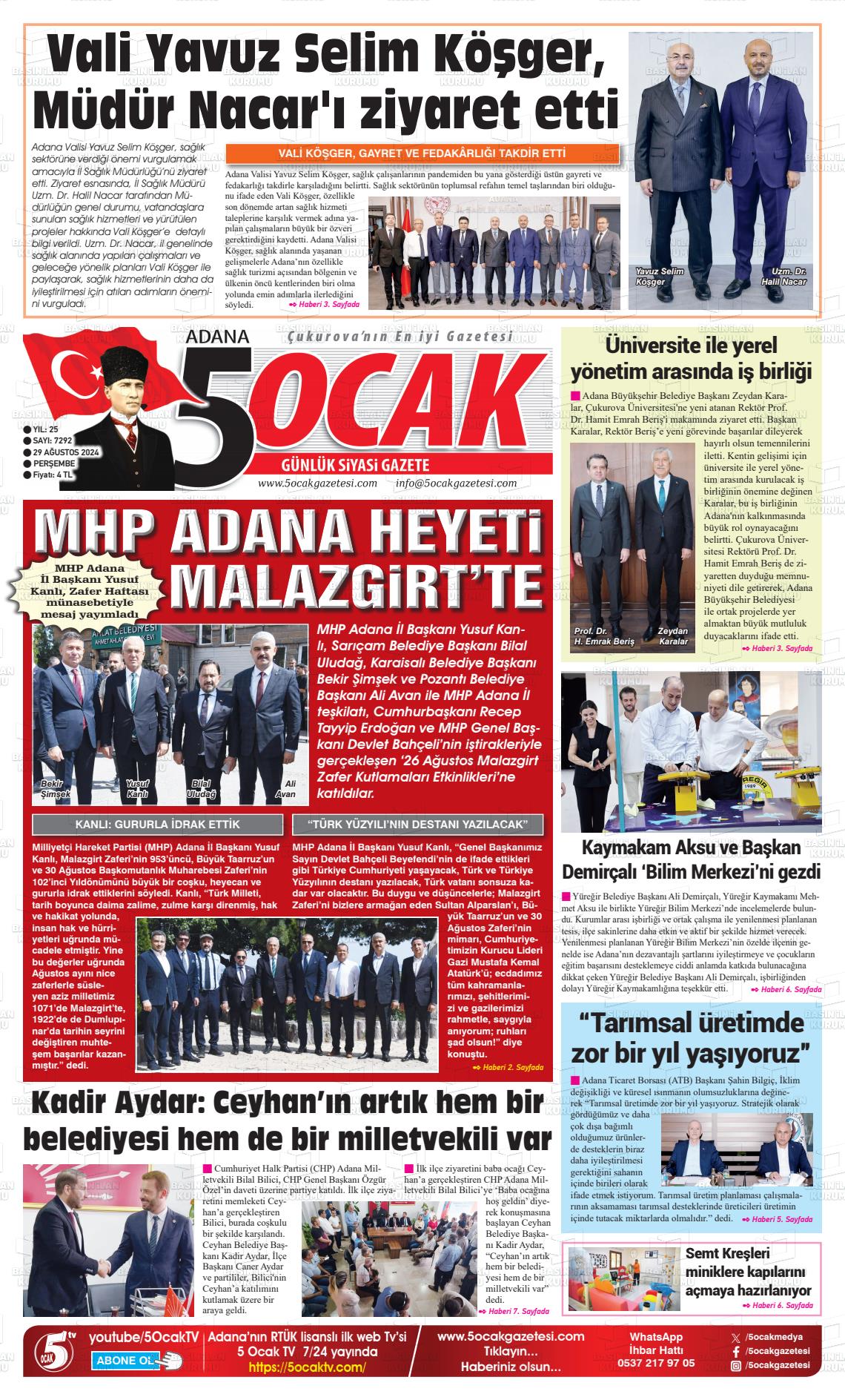 29 Ağustos 2024 Adana 5 Ocak Gazete Manşeti