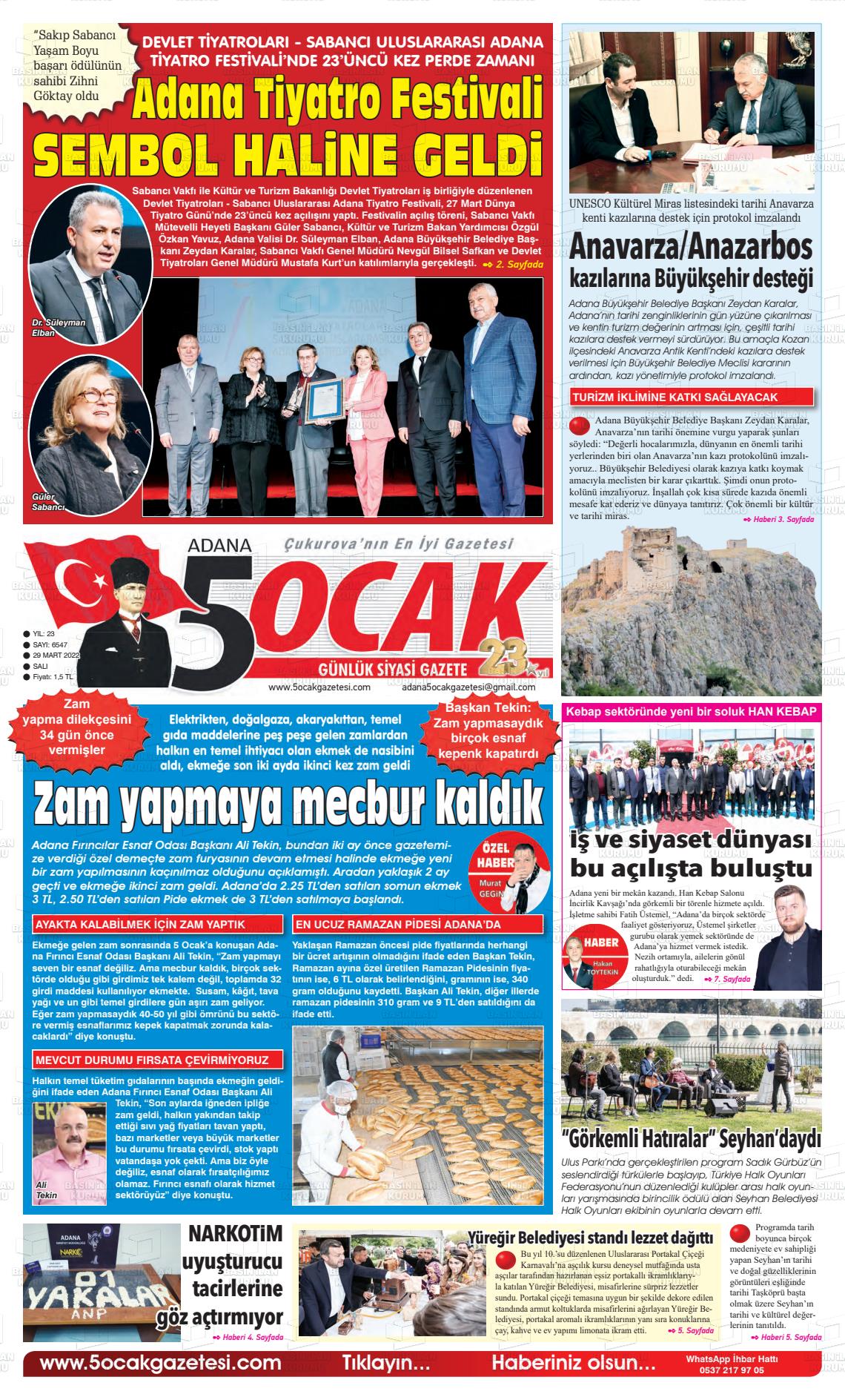 29 Mart 2022 Adana 5 Ocak Gazete Manşeti