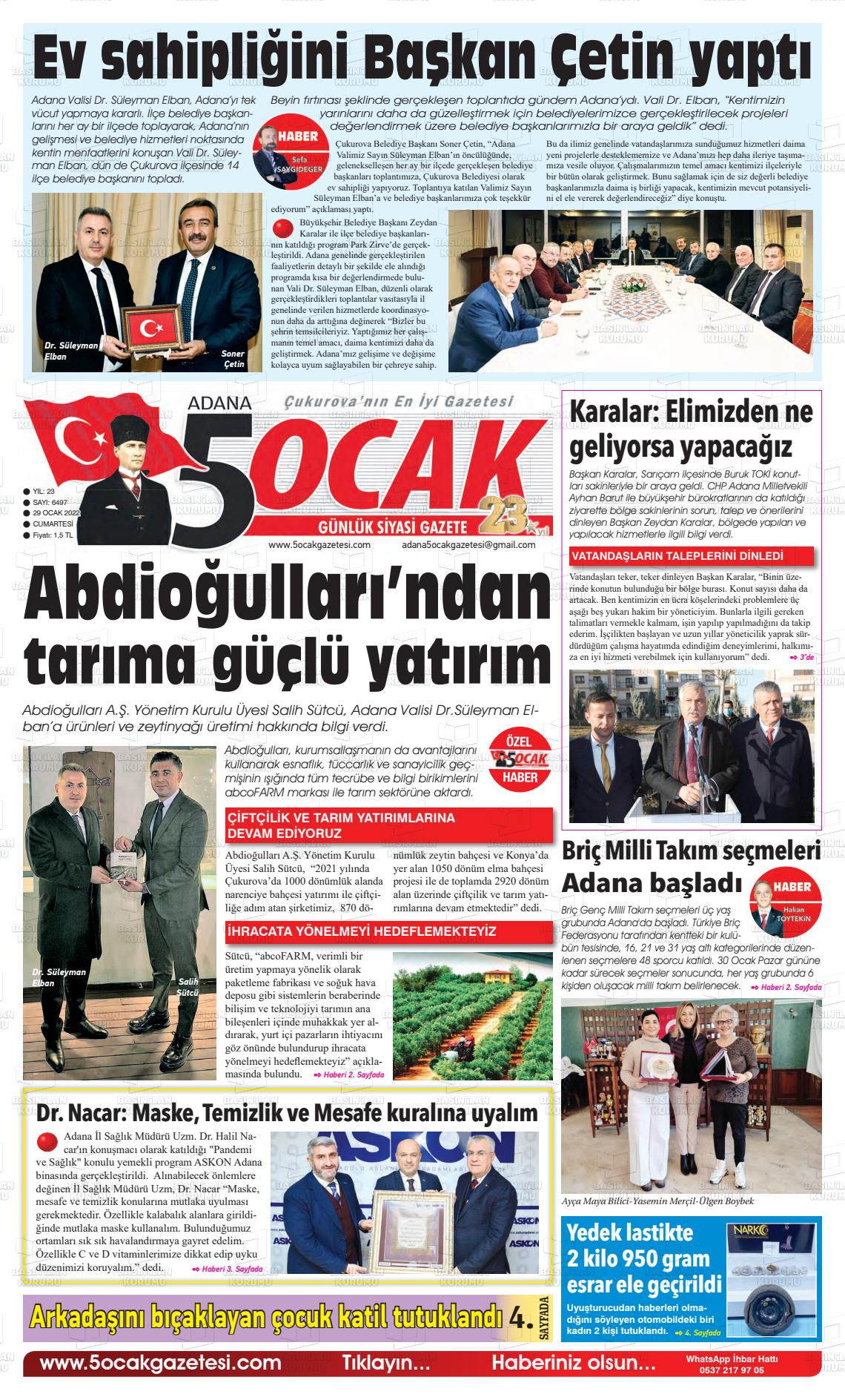 29 Ocak 2022 Adana 5 Ocak Gazete Manşeti